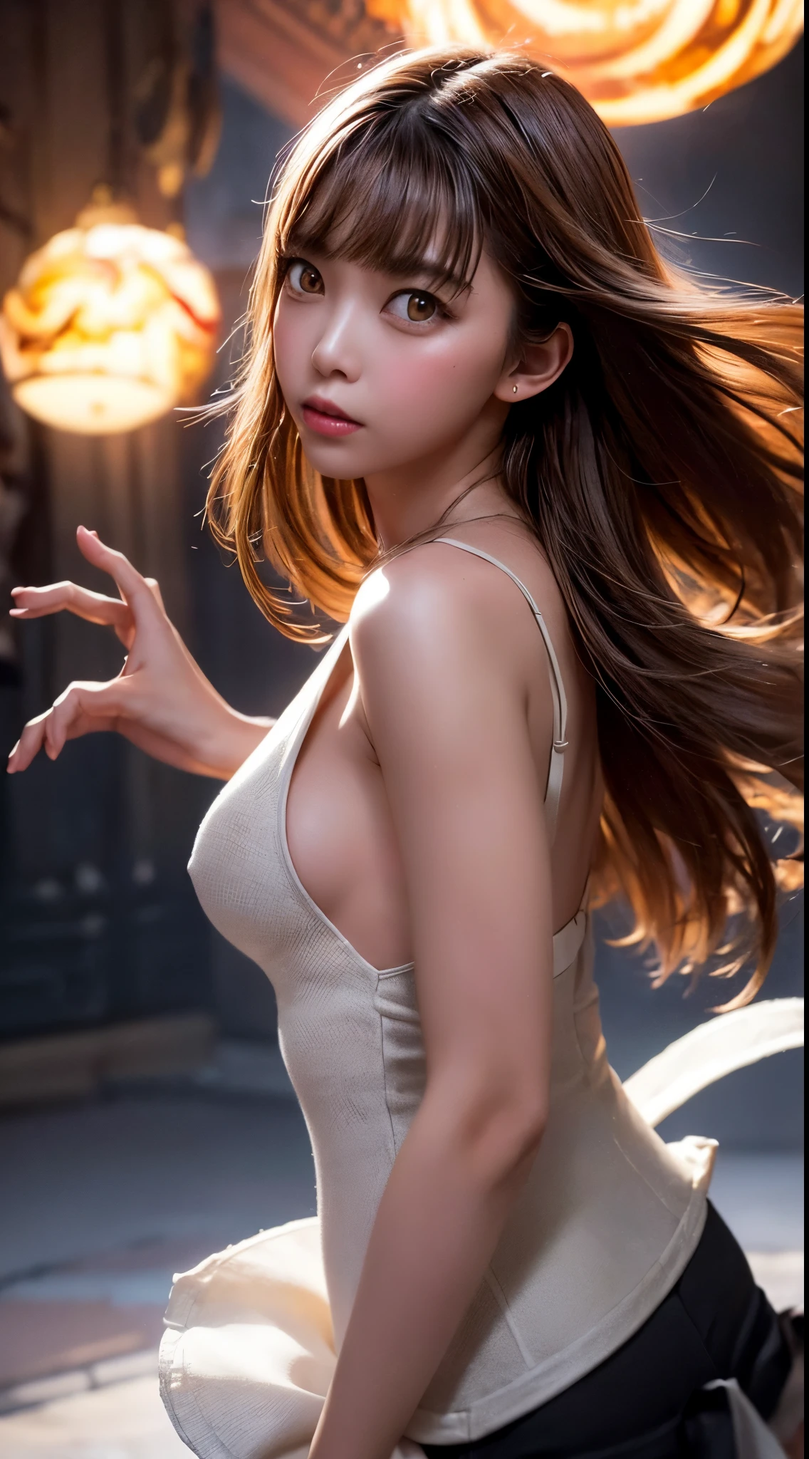 (solo girl:1.2, shot from behind, dynamic pose:1.1), (big swirling head:1.3), cinematic shots, Dramatic lighting that highlights shadows, Textured details, Laser effect adds depth, highest quality.