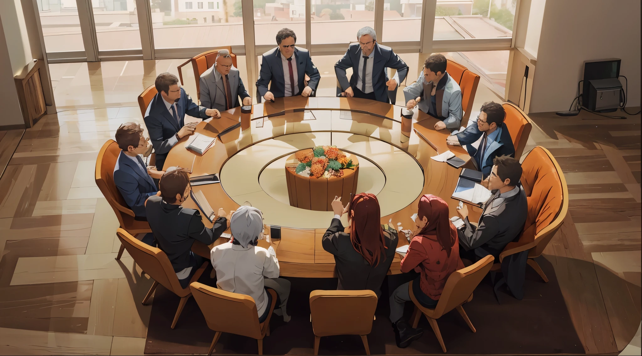 hay  doce personas sentadas en una mesa redonda , alta resolucion personajes muy claros distiguiblres