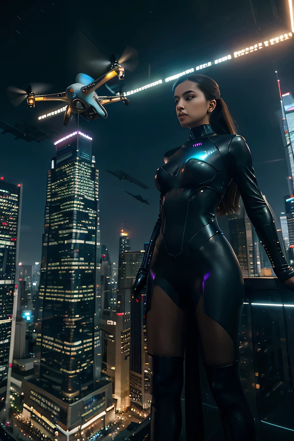 In a bustling metropolis of towering skyscrapers, a group of individuals wearing sleek neural implants. they effortlessly control the drones soar through the air, and holographic advertisements morph according to their desires.