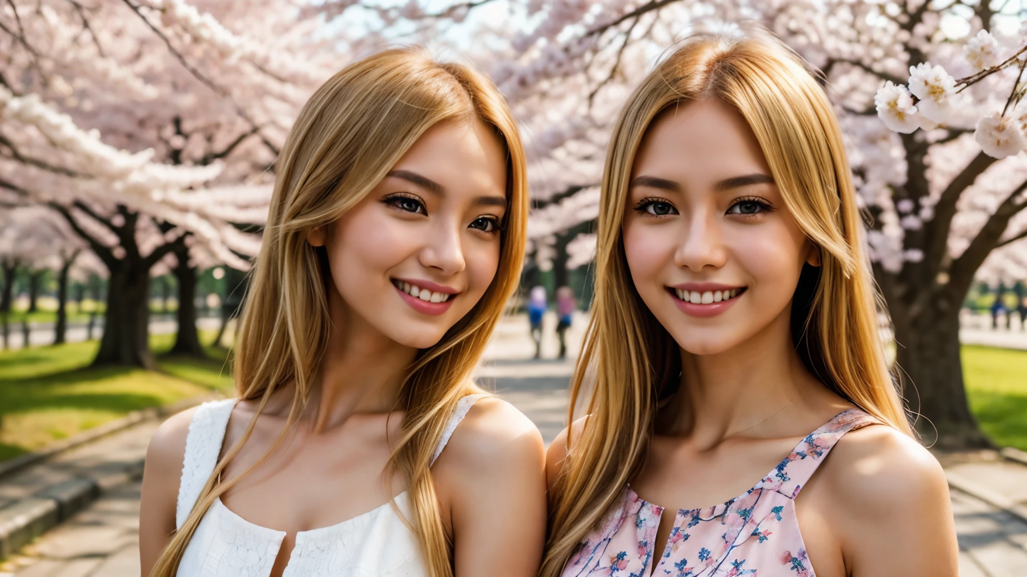 Instagram pictures, a girl with shoulder length hair, light blonde hair, a Close-up photo, Take a walk in the park with cherry blossoms, Japan, smile a little,
