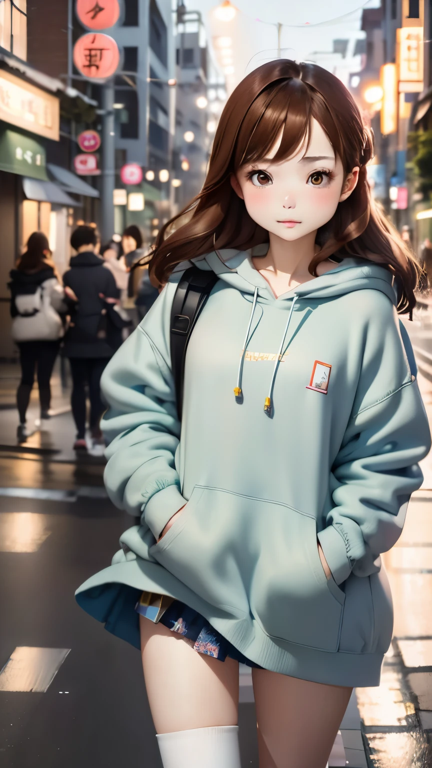 sonyのheadphoneを着用している:1.5、headphone、one girl、Magical girl、perfect anatomy、small face、plump lips、brown hair、distinctive hairstyle、look of suspicion、Modern hoodies、knee socks、(((blurred background、street corner、Everyday scenery)))、highest quality、High resolution、High resolution、cinematic lighting、professional photographer