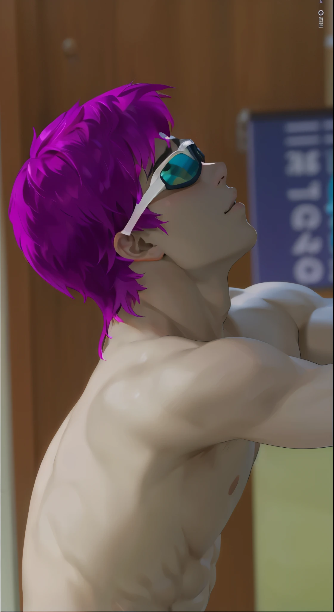 17-year-old young man, athletic body, violet hair, swimming goggles, shirtless