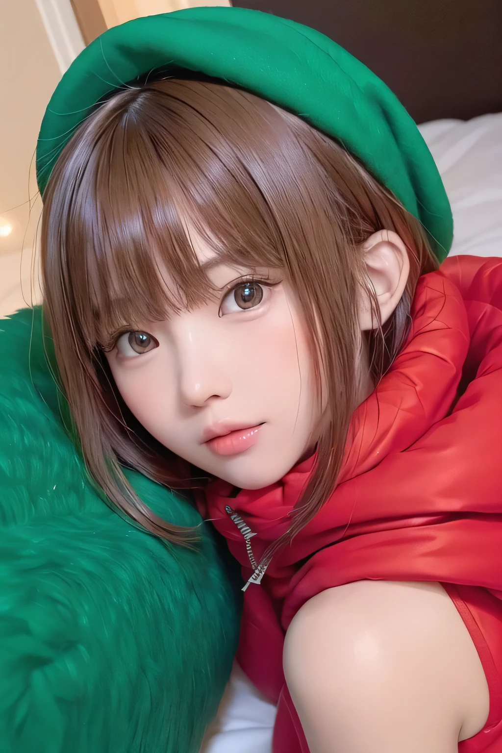 8K, portrait, portrait, masterpiece, highest quality、(Upper shot close-up:1.5) 、With a round face、slim、(((flat body)))、cute、、、bright red fluffy clothes、green hair、green fluffy hat