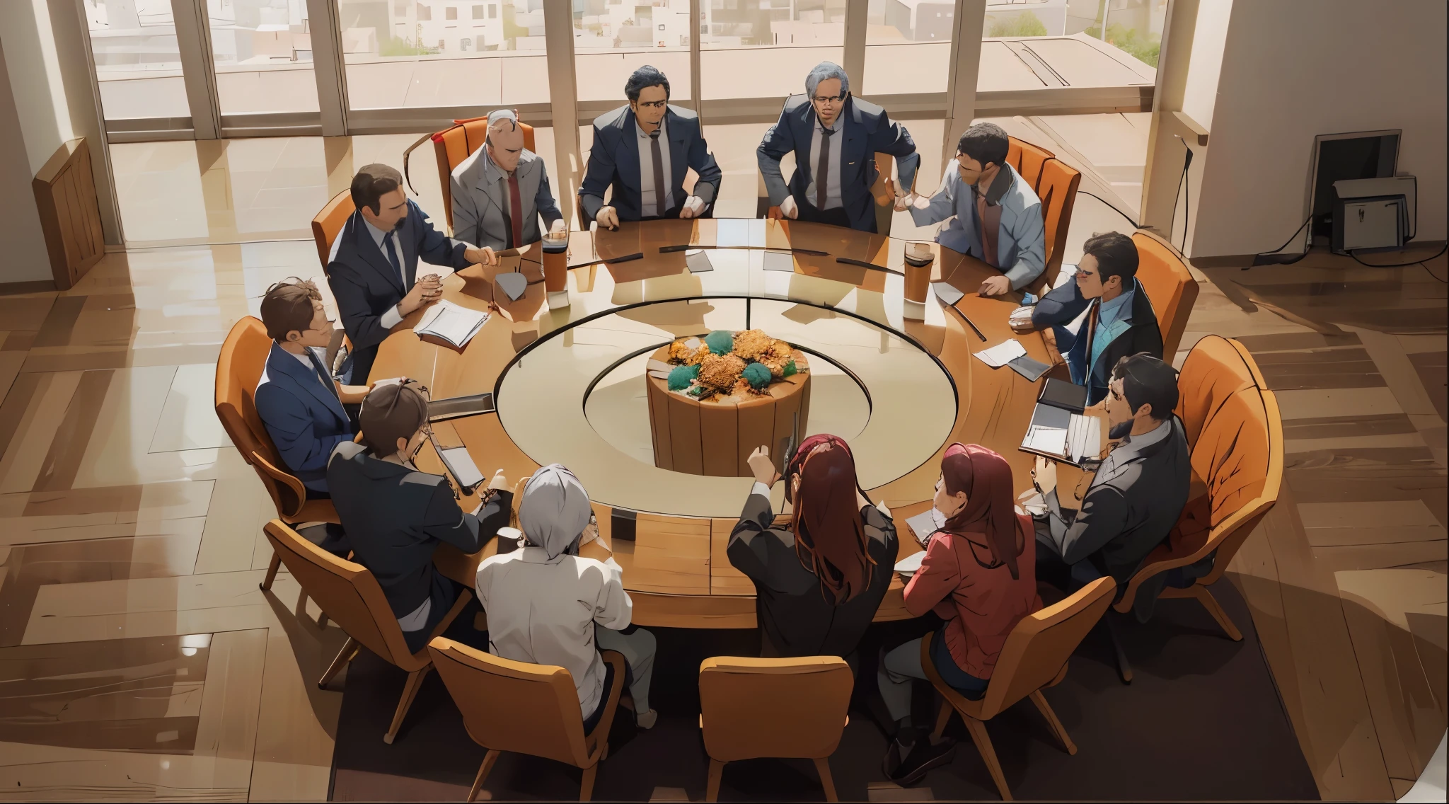 hay doce personas sentadas en una mesa redonda , alta resolucion personajes muy claros distiguinbles , mejoras rostros caras