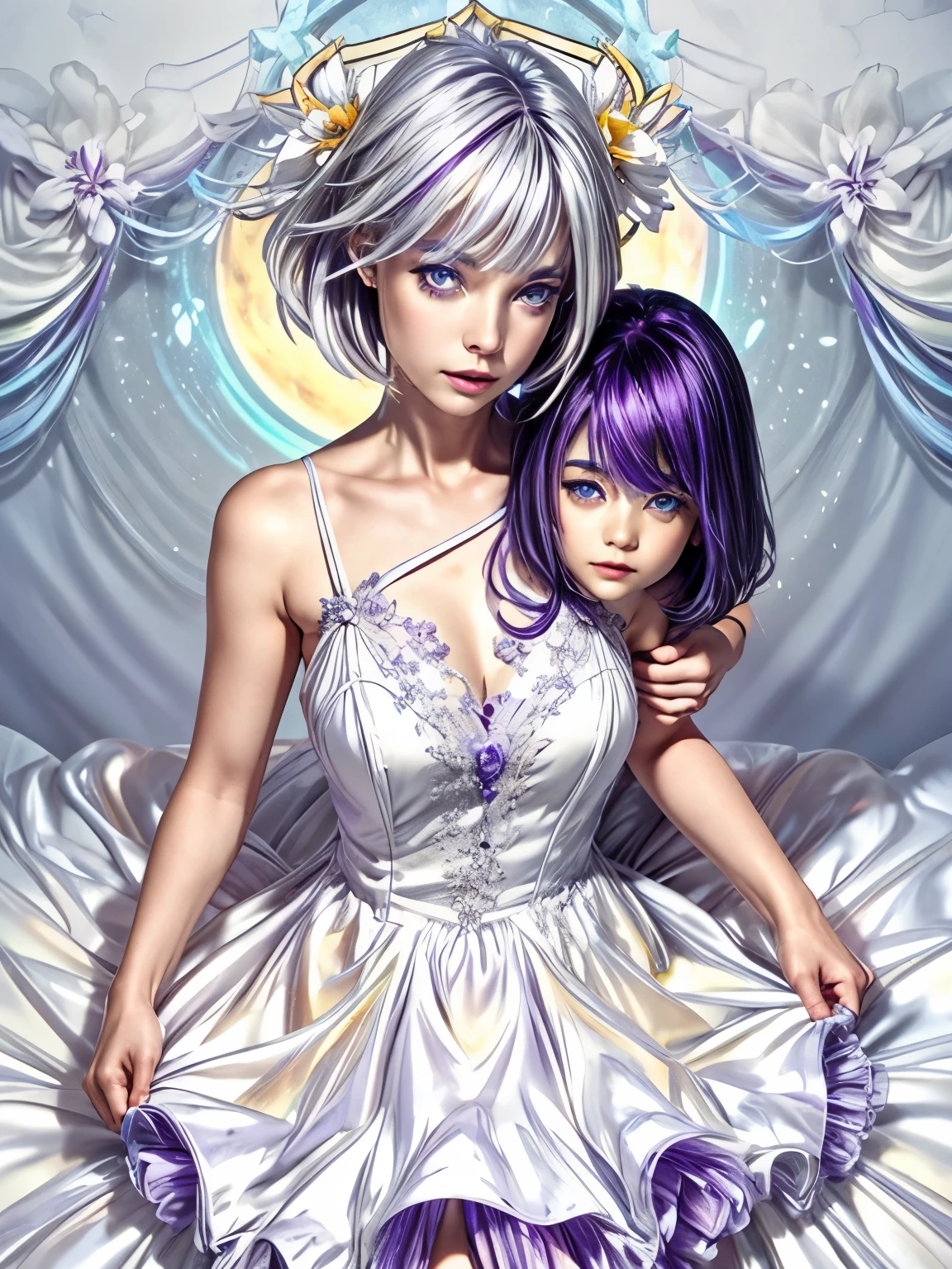 Woman, yellow irises, purple pupils, grayish-blue hair, shoulder-length, white dress, radiant tone