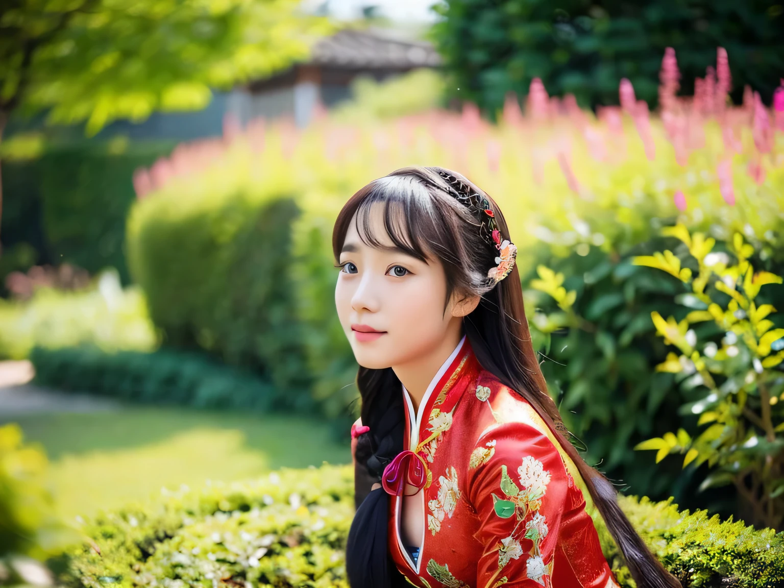 Mao Mao is a 25-year-old Chinese woman.。.、Wearing traditional Chinese costume、staring into the distance in the garden