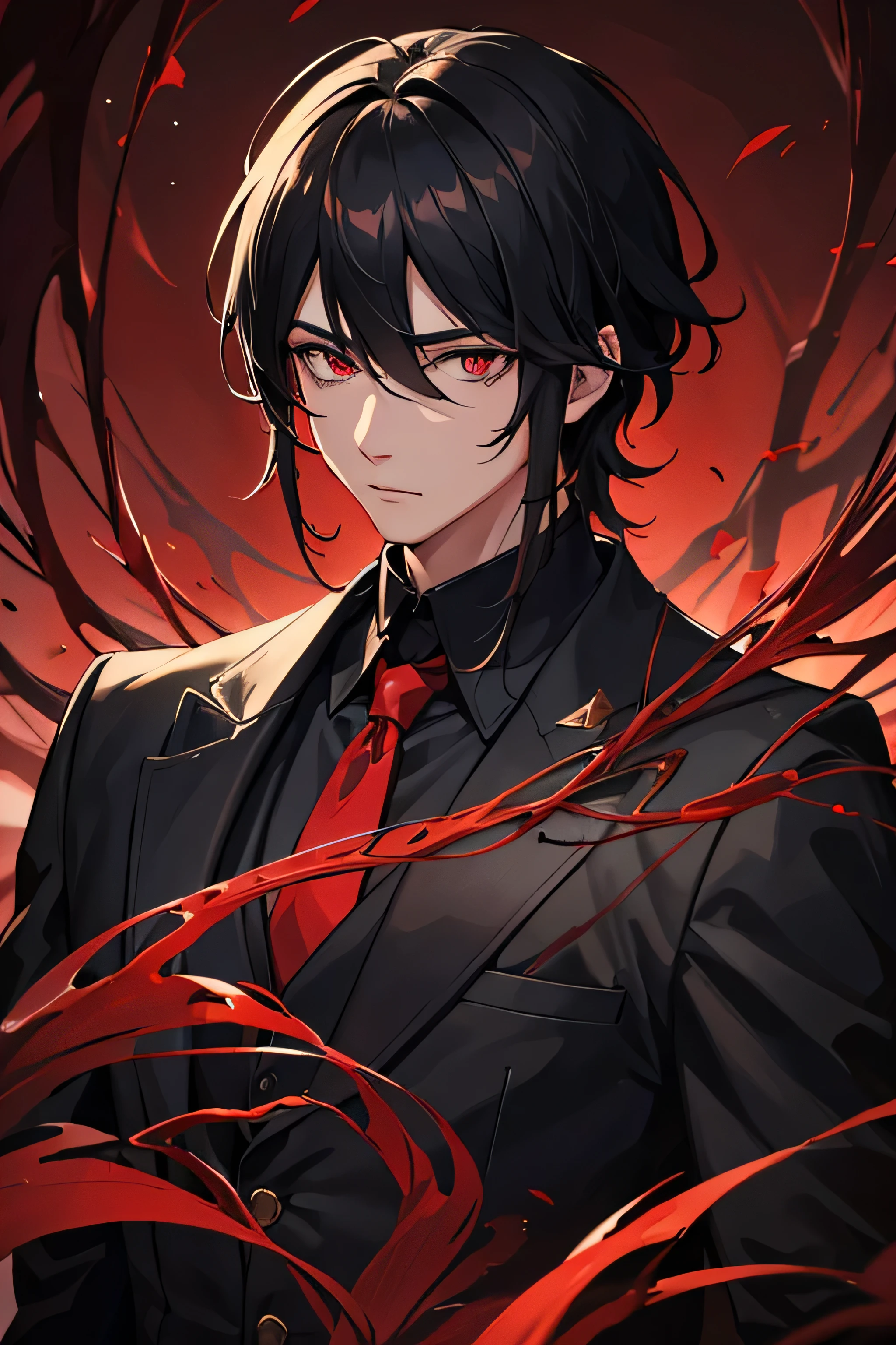 8k, Masterpiece, High Detailed, Anime Style, Solo, Breathtakingly, 1man, Black hair, Red pupils, Forest background, Cinematic Light, Ultra Detailed Face, Detailed Eyes, High Resolution, Black Suit, Trench Coat, Walking, Red Spider Lily, Black mask