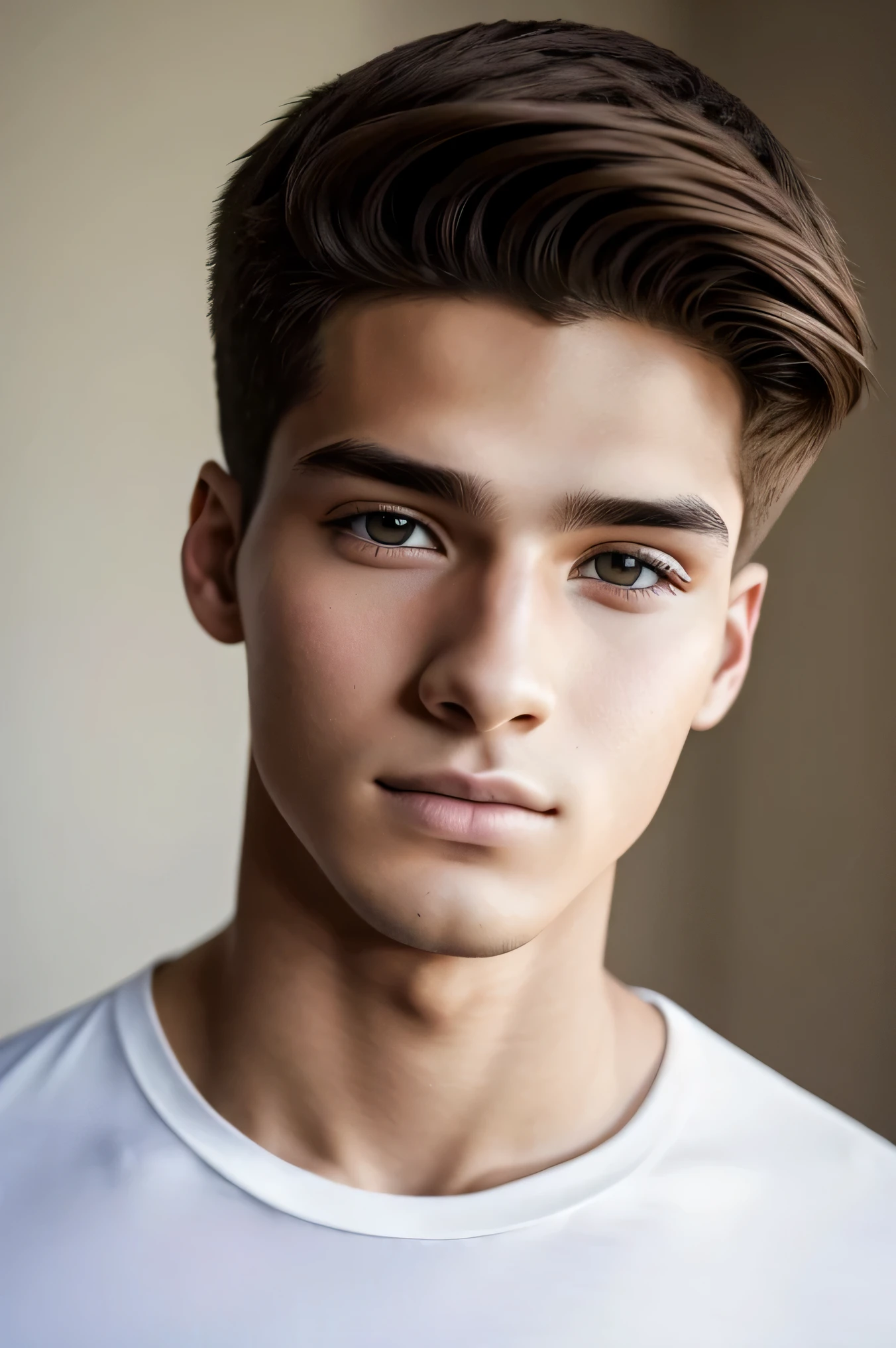 Super realistic photo of the portrait of a 20-year-old boy, delgado, facciones perfectas, piel perfecta, mirada encantadora, atractivo, de piel blanca , mirada sexy, muy guapo, es modelo profesional, ojos claros, estadunidense, ralismo