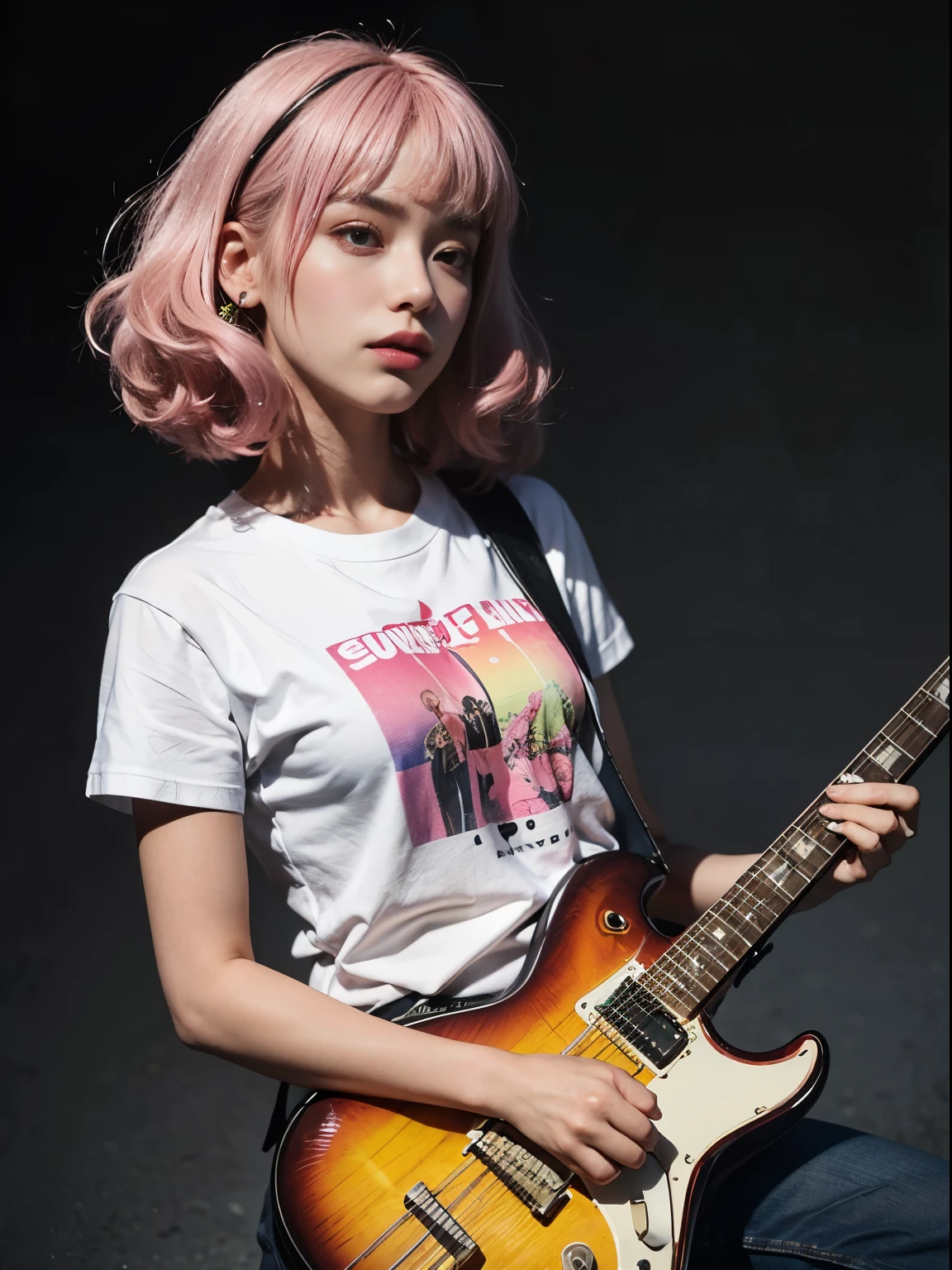 25 year old woman,(high top fade:1.3),no tail,(no tail),2D, masterpiece, highest quality, and soul, detailed eye, detailed face, with a girl, only one person,Pink Hair Medium Hair, (pink hair), Ear Hair, , single blade, (single blade), (side blade), (plays the electric guitar, 6 strings), dark theme, calm colors, high contrast, (Tuttos skin texture, hyper realism, soft light, sharp), Psychedelic T-shirt,