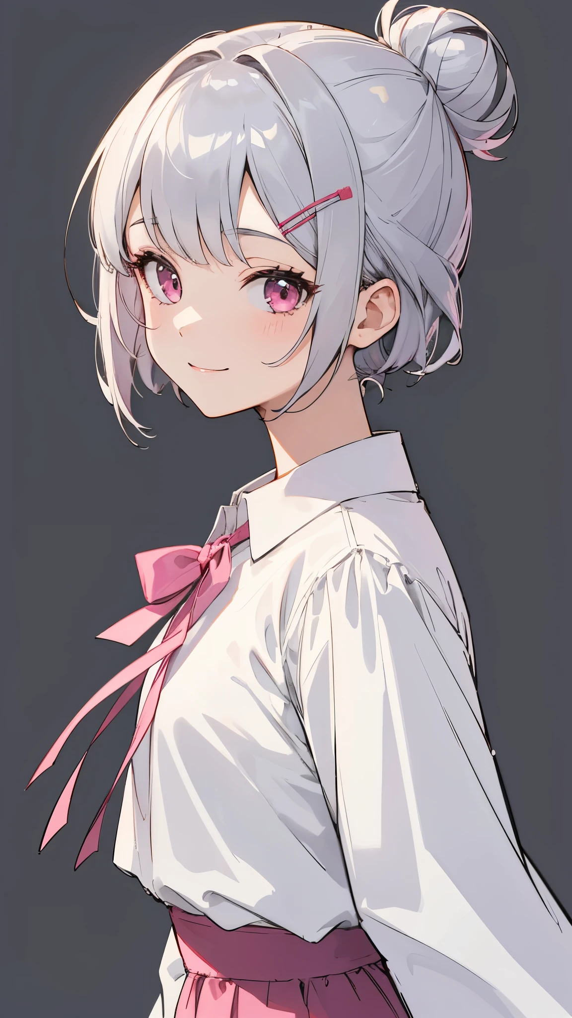 masterpiece、highest quality、High resolution、very detailed、Detailed background、1 girl、She 、Medium chest、white blouse、culottes、pink ribbon、short silver hair and bob hairstyle、hair tied in a bun with a hair clip、pink eyes、smile、From the side、upper body close-up