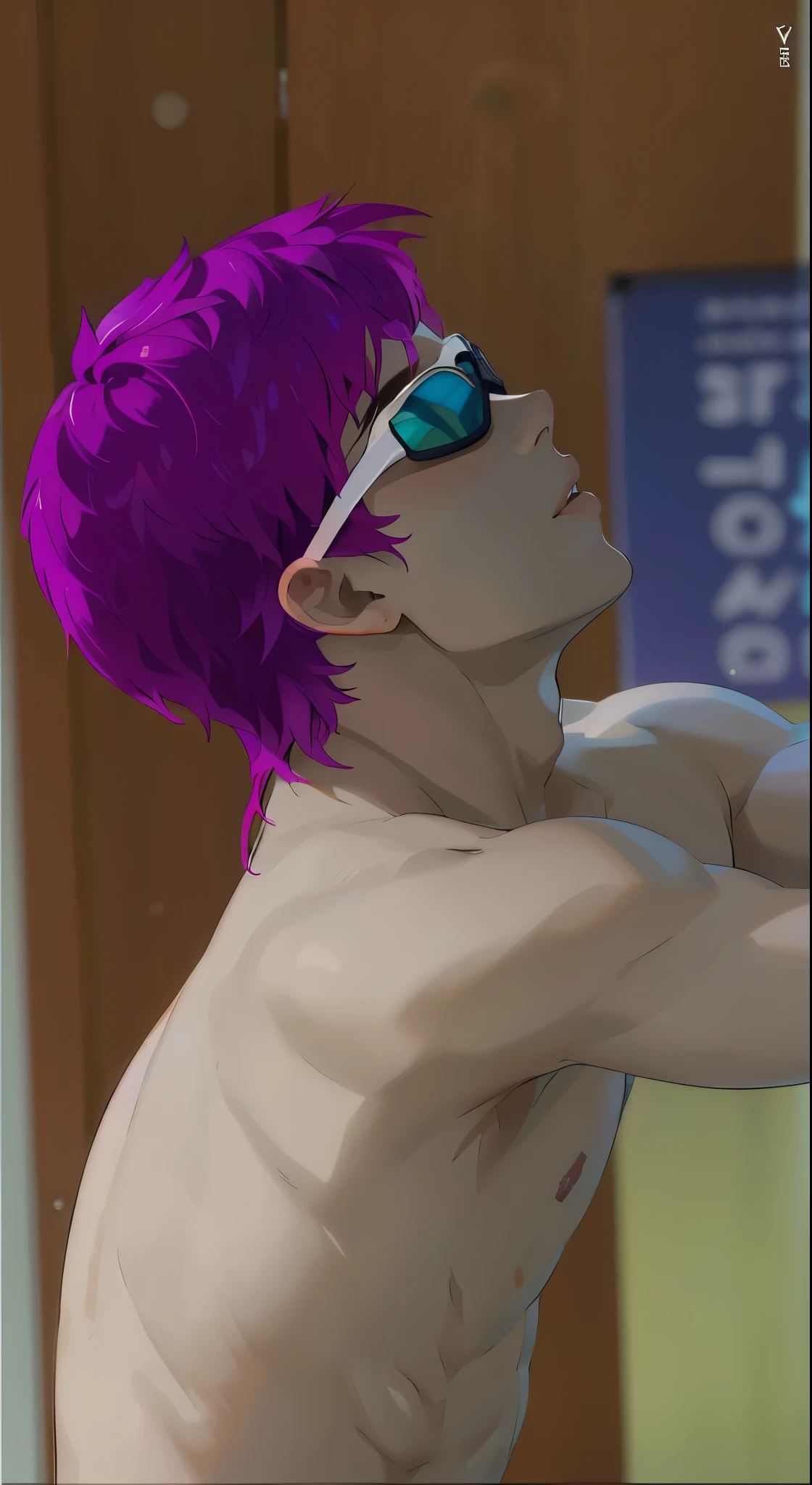 17-year-old young man, athletic body, violet hair, swimming goggles, shirtless