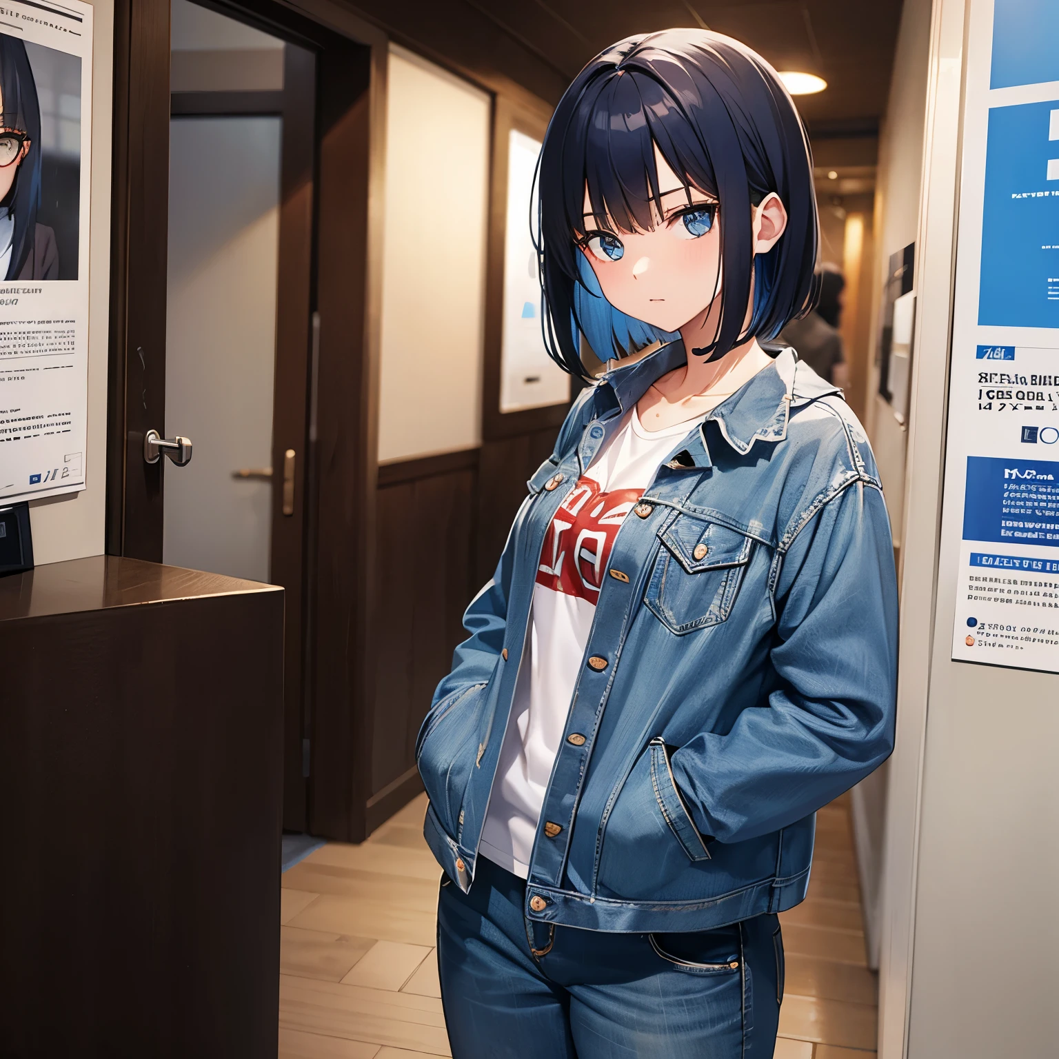 eye color is blue hair color is black bob hair No expression Are standing woman in her 20s very small breasts jeans Jacket