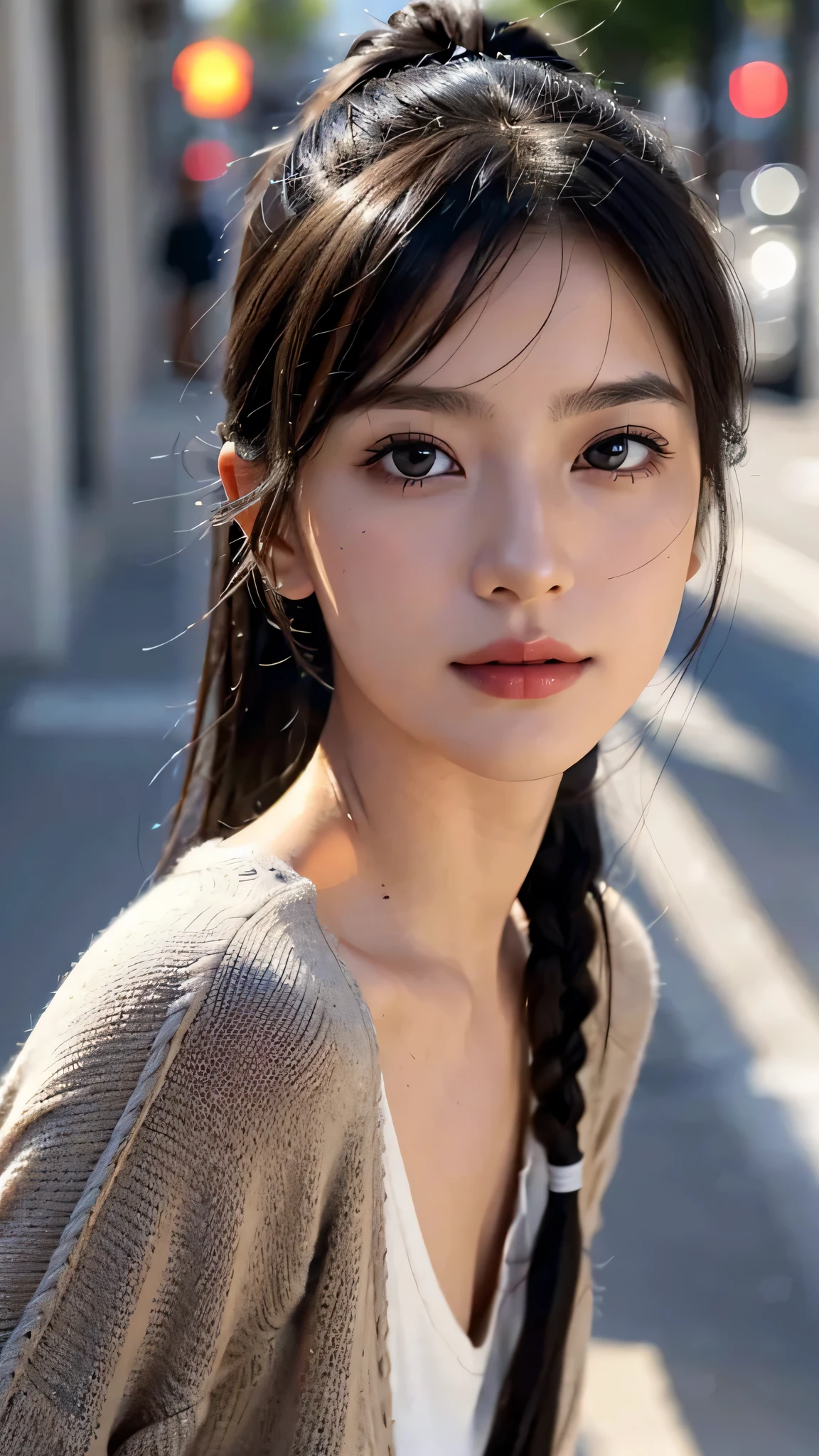 One woman,fully body photo,masutepiece, The highest image quality, High quality, the background is clear,Beautiful woman, Japanese, Detailed, Detailed eyes, Detailed skin, Beautiful skin, 超hight resolution, (reality: 1.4),Very beautiful woman, Slightly younger face, Beautiful skin, slender, (Ultra photo realsisim), (hight resolution), (8K), (Very detailed) (beautifully detailed eyes), (super detailed), (Detailed face), view the viewer, Fine details, Detailed face, Staring straight ahead, Staring straight ahead, photos realistic, Bright lighting, Professional Lighting, Black hair,poneyTail,a ,sixteen yTail,ロングのponeyTailの髪型,slight smile,Long Sleeve Knitwear,European Streets