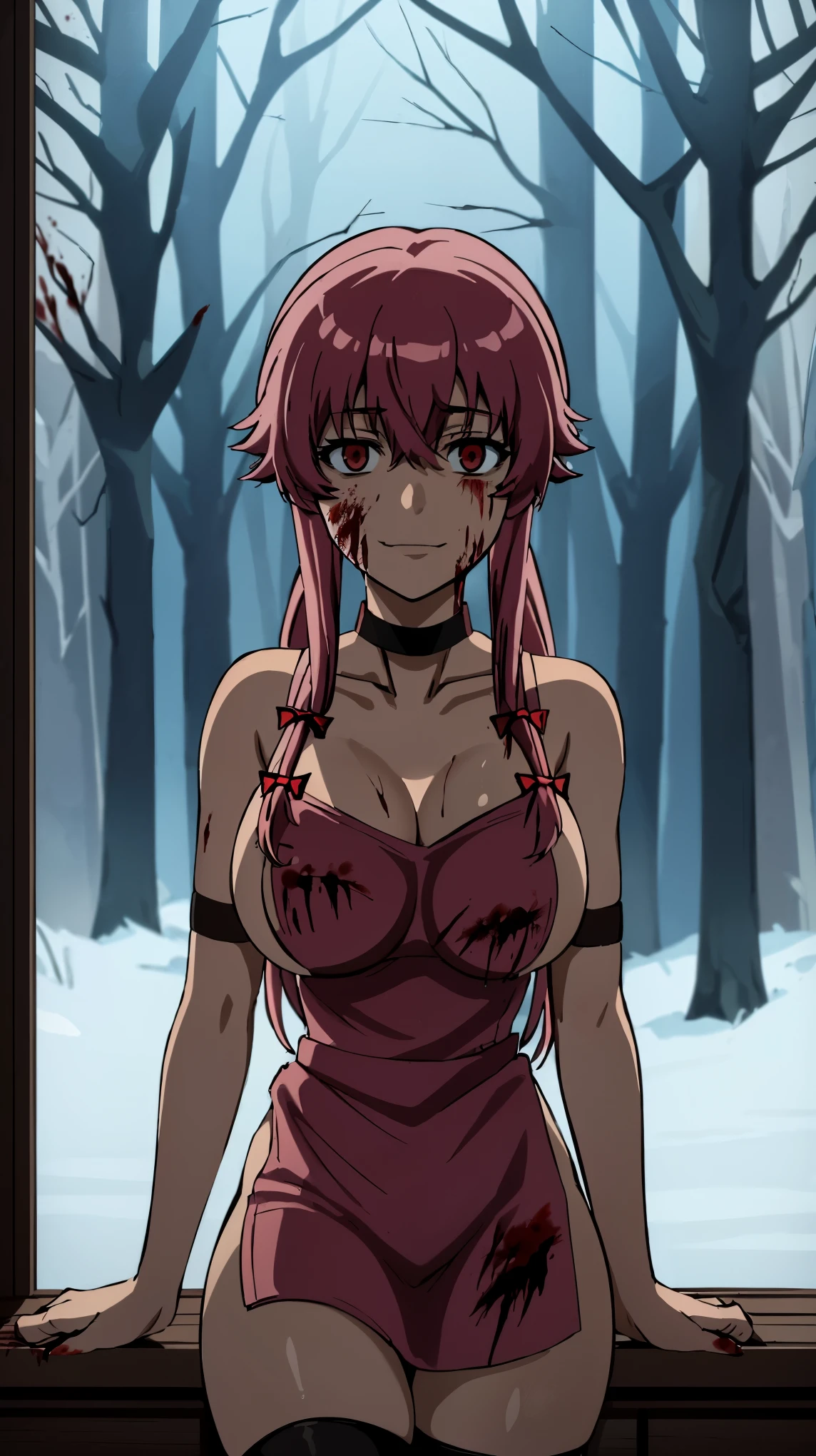 anime_still, masterpiece, best quality, illustration, Gasai Yuno,(large breasts:1.5), nipples, solo, nude, as Gasai Yuno Sits in her room she stays blankly act a painting of her lover while the rain falls outside her bedroom window, she is wearing a black choker and black thigh highs and behind her there is a small table with a blood stained knife and a black face mask as well as a apron made of human skin ((apron:1.5), (black choker, blood, blood splatter, yandere:1.5), (dark and foreboding Forest outside:1.7), crazy, crazy smile, crazy eyes,