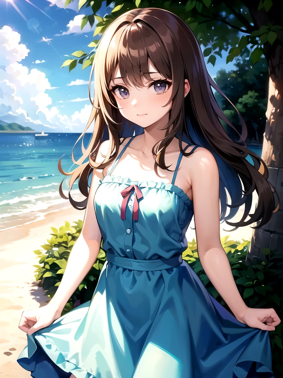 The girl is wearing a short sleeveless summer dress,