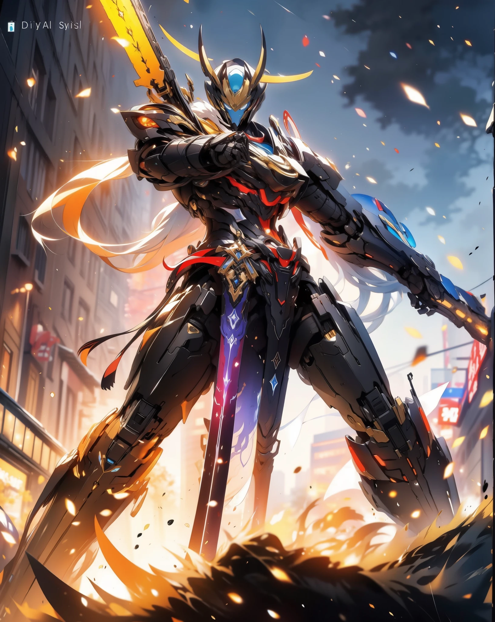 a close up of a robot with a sword in a city, style of raymond swanland, keqing from genshin impact, anime epic artwork, g liulian art style, 8k hd wallpaperjpeg artifact, 8 k hd wallpaperjpeg artifact, by Yang J, full art, style of duelyst, advanced digital anime art