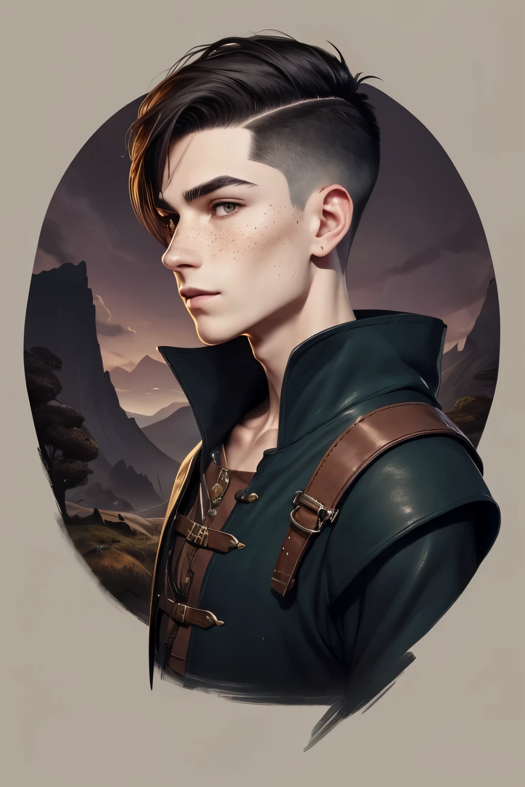Fullbody portrait of an androgynous young male socerer with a undercut. Kind. Friendly. Happy. Very short haircut. Dark-brown hair with a undercut. Sides shaved. A soft narrow face with a lot of freckles. Long neck. Soft round chin. Wide forehead. Very thin barley visible eyebrows. Big upturned eyes. Dark-brown eyecolour. Long wide nose. Soft curved lips. Very pale skin with liverspots. Slim body. Black boots. Wearing D&D style clothing. Outfit of an Adventuerer. Beautiful colourful fantasy landscape with hills and forests.