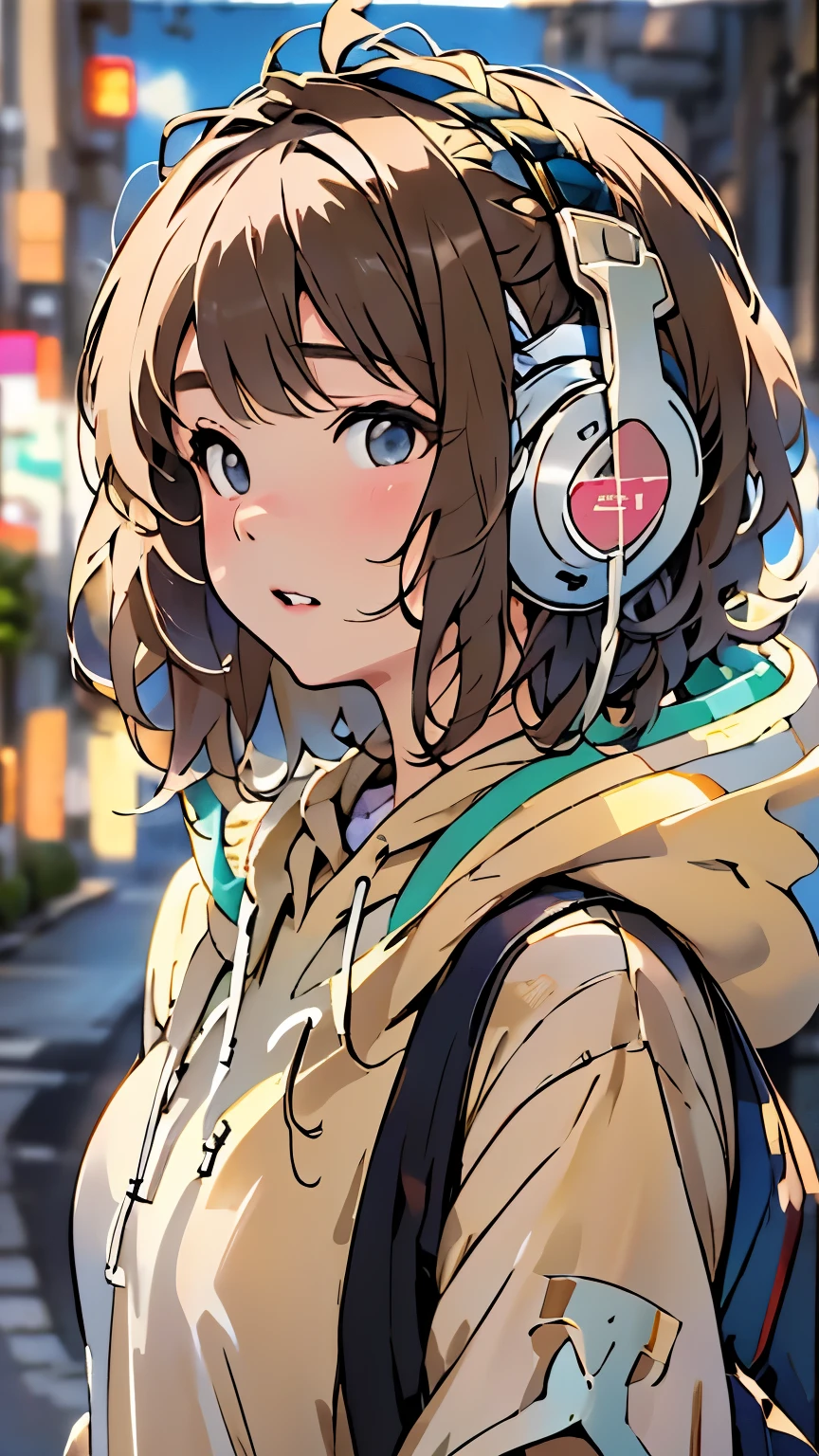 sonyのheadphoneを着用している:1.5、headphone、one girl、Magical girl、perfect anatomy、small face、plump lips、brown hair、distinctive hairstyle、look of suspicion、Modern hoodies、knee socks、(((blurred background、street corner、Everyday scenery)))、highest quality、High resolution、High resolution、cinematic lighting、professional photographer