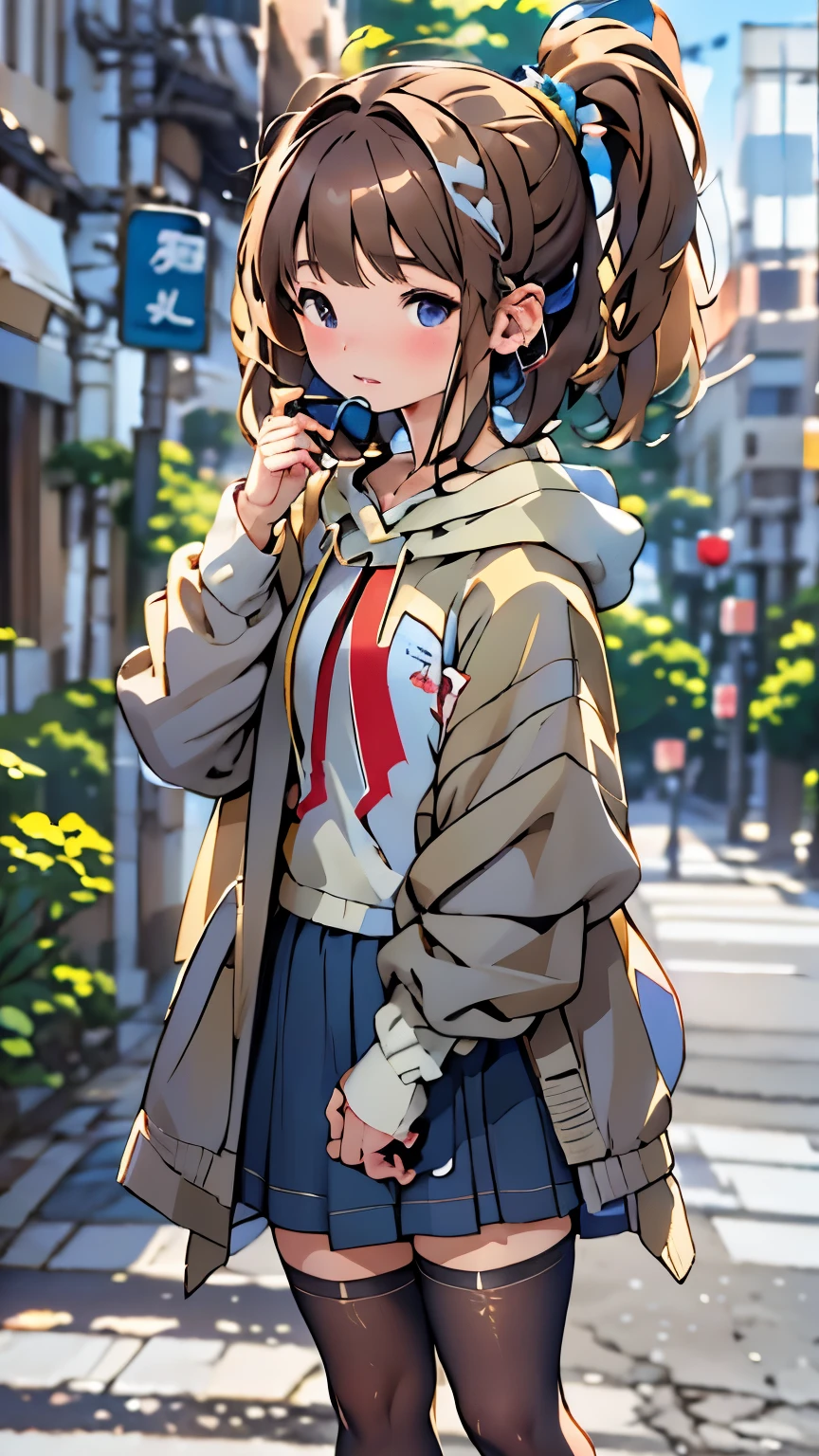 sonyのheadphoneを着用している:1.5、headphone、one girl、Magical girl、perfect anatomy、small face、plump lips、brown hair、distinctive hairstyle、look of suspicion、Modern hoodies、knee socks、(((blurred background、street corner、Everyday scenery)))、highest quality、High resolution、High resolution、cinematic lighting、professional photographer