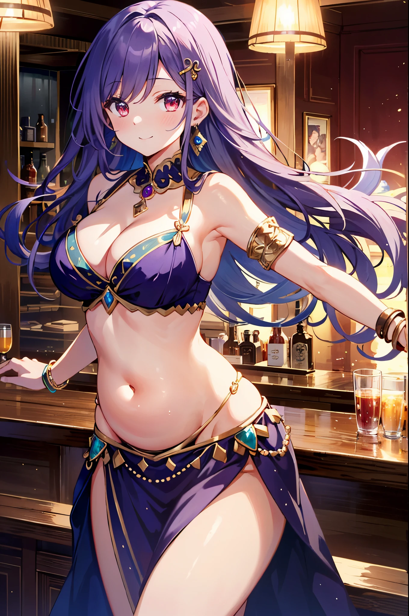 high quality, ultra detailed, best quality, insanely detailed, beautiful, masterpiece, 1girl, (belly dancer:1.1), bar, cowboy shot, red eyes, long hair, light purple hair, purple costume, (pelvic curtain:1.1), bare legs, hair ornament, earrings, armlet, bracelet, bashful smile, dancing, large , cleavagstomach