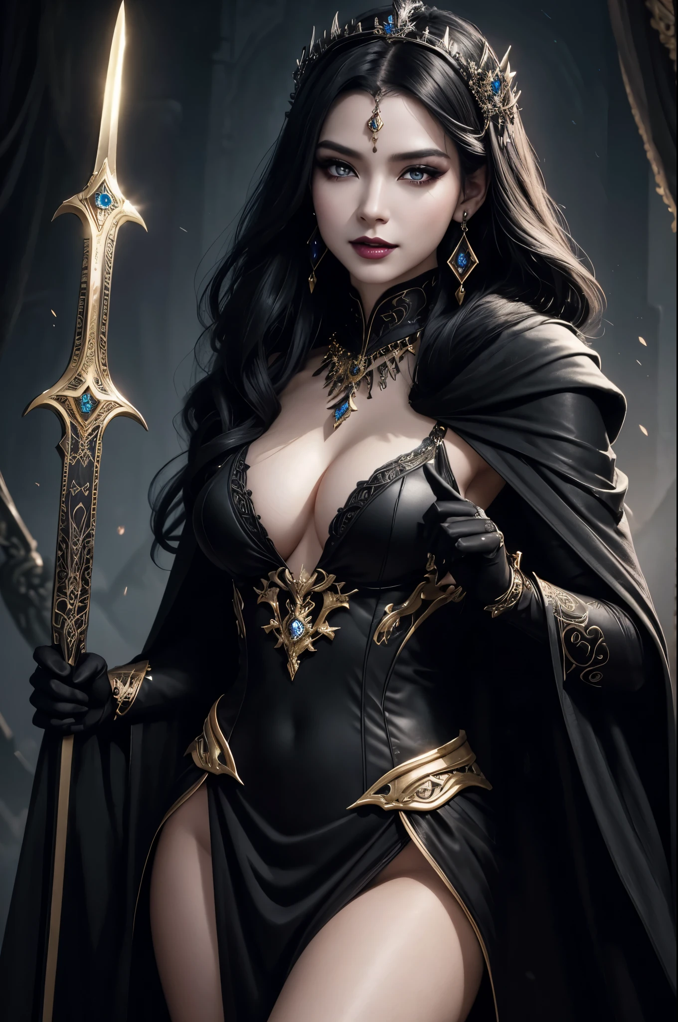 8K,very small breasts,long black hair,Close-up of a woman wearing a black evil god costume holding a one-handed sword, beautiful fantasy empress, ((beautiful fantasy empress)), small breasted , very high detail, extremely detailed , up to the model | types of bacteria, trending on cgstation, Chenwei Pan On Art Station, luxurious black cloak,Super high resolution,super realistic skin,beautiful expression,fantasy art,laughter(Like the real thing),small breasted ,straight hair,golden eyes,black gemstone earrings,black gemstone necklace,luxury black gauntlets,black lipstick,black eyeshadow,evil god makeup,