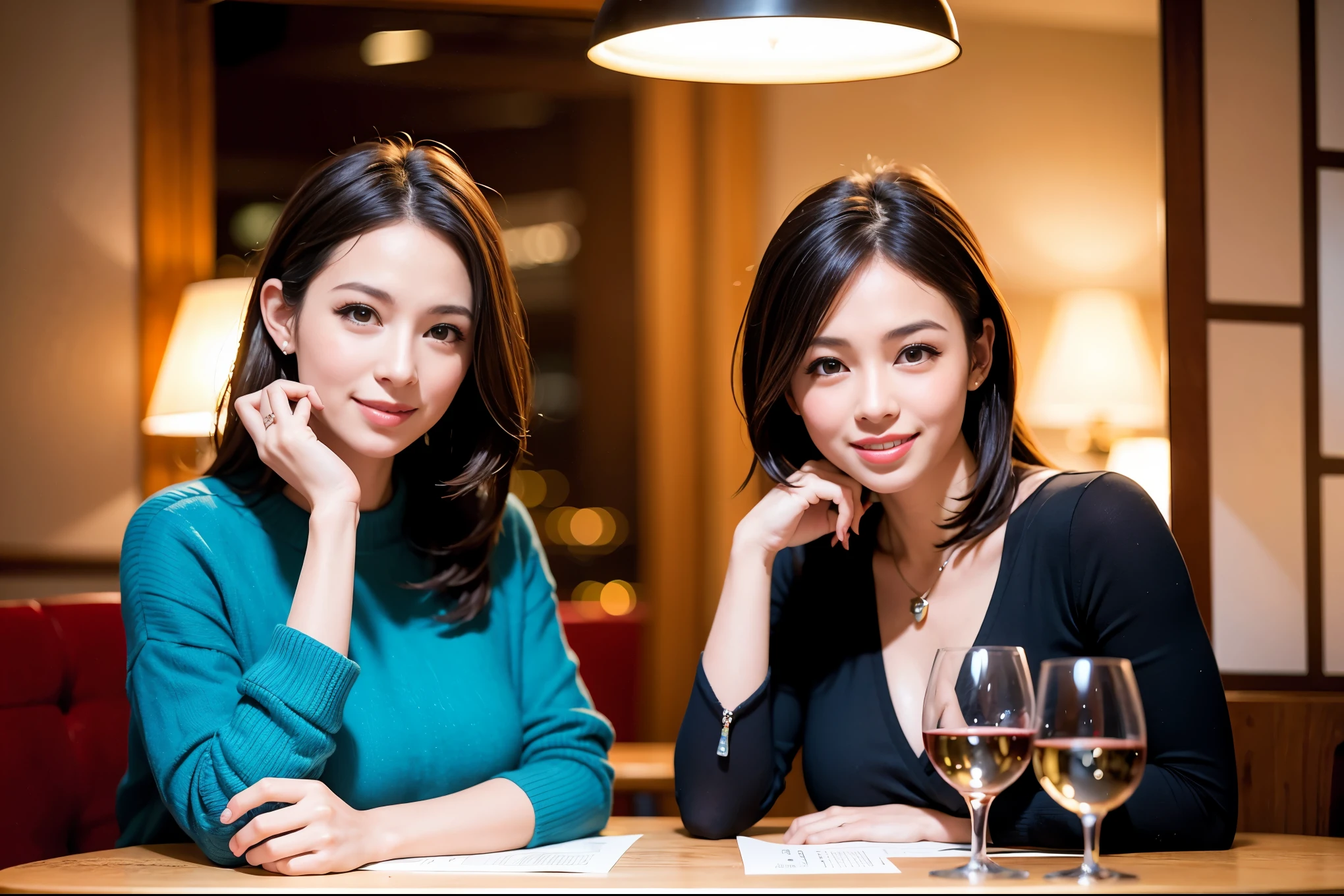 64k, UHD, highest quality, masterpiece: 1.2), (realistic, photorealistic: 1.37),5-people、やわらかなsmile、kind expression、 Super detailed, celebration party、beauty、Charm、beautiful mature woman、3 women who love wine、three men、Kobe、Yokohama、champagne、sparkling wine、winter night、restaurantでワイン宴会、(slimな男女4名),(Wine party for 5 people)、(slimフェイス),Happy、 最高なsmile、Fox Face、Berry Short、(because I'thin), (brown hair), (shortcut), long sleeve shirt、winter fashion、Colombia、Brazilian、Japanese、Dutch、German、Portuguese、Belgian、Italian、french, (gushing), (slimボティ), (brown hair), (shortcut), 端正なbeauty、cheeks blush a little, (41 years old), 38 years old, 35 years old、32 years old、 A beautiful and detailed night view spreads out outside the window........, restaurant, wine glassが座っている, At night, in a prominent place (from the Upper body) nova frog style, actress, model, Upper body, White wine, slim, wine glass, very beautiful night view, wine glass Put in the Middle, Happy smile, (smile: 1.15),