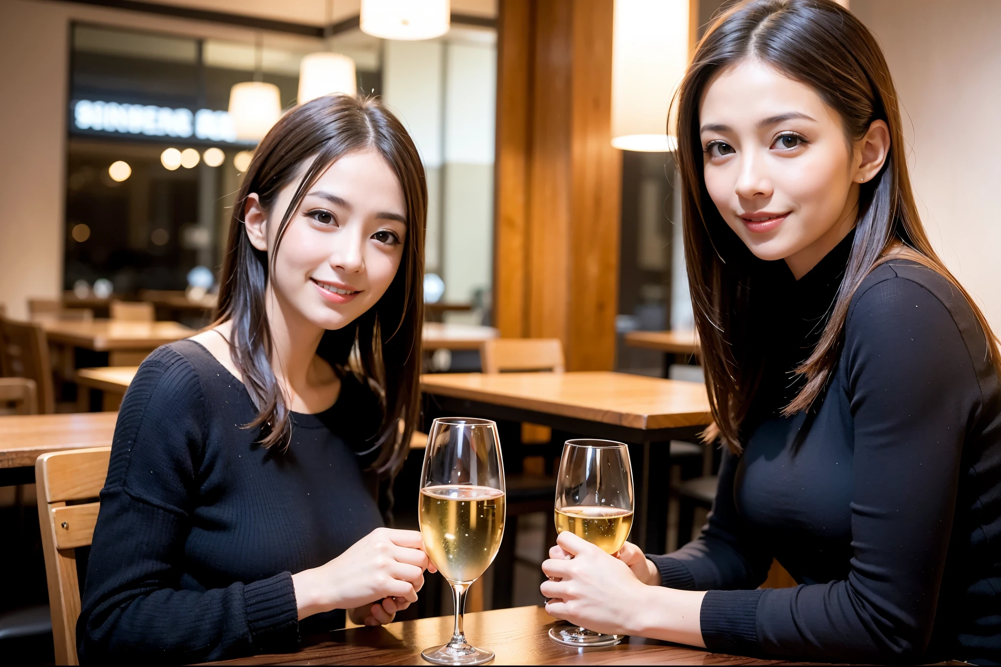 64k, UHD, highest quality, masterpiece: 1.2), (realistic, photorealistic: 1.37),5-people、やわらかなsmile、kind expression、 Super detailed, celebration party、beauty、Charm、beautiful mature woman、3 women who love wine、three men、Kobe、Yokohama、champagne、sparkling wine、winter night、restaurantでワイン宴会、(slimな男女4名),(Wine party for 5 people)、(slimフェイス),Happy、 最高なsmile、Fox Face、Berry Short、(because I'thin), (brown hair), (shortcut), long sleeve shirt、winter fashion、Colombia、Brazilian、Japanese、Dutch、German、Portuguese、Belgian、Italian、french, (gushing), (slimボティ), (brown hair), (shortcut), 端正なbeauty、cheeks blush a little, (41 years old), 38 years old, 35 years old、32 years old、 A beautiful and detailed night view spreads out outside the window........, restaurant, wine glassが座っている, At night, in a prominent place (from the Upper body) nova frog style, actress, model, Upper body, White wine, slim, wine glass, very beautiful night view, wine glass Put in the Middle, Happy smile, (smile: 1.15),