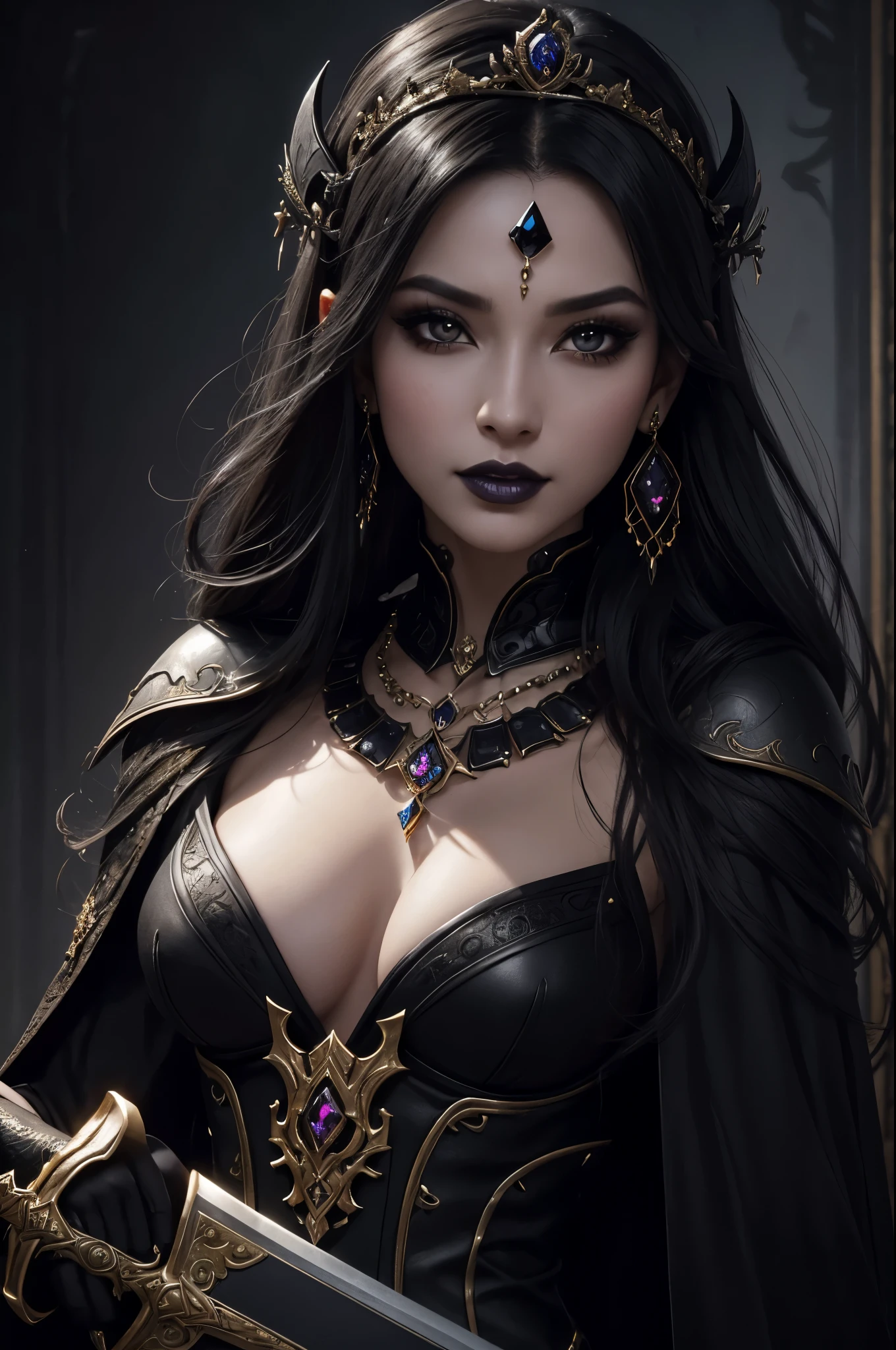 8K,very small breasts,long black hair,Close-up of a woman wearing a black evil god costume holding a one-handed sword, beautiful fantasy empress, ((beautiful fantasy empress)), small breasted , very high detail, extremely detailed , up to the model | types of bacteria, trending on cgstation, Chenwei Pan On Art Station, luxurious black cloak,Super high resolution,super realistic skin,beautiful expression,fantasy art,laughter(Like the real thing),small breasted ,straight hair,golden eyes,black gemstone earrings,black gemstone necklace,luxury black gauntlets,black lipstick,black eyeshadow,evil god makeup,