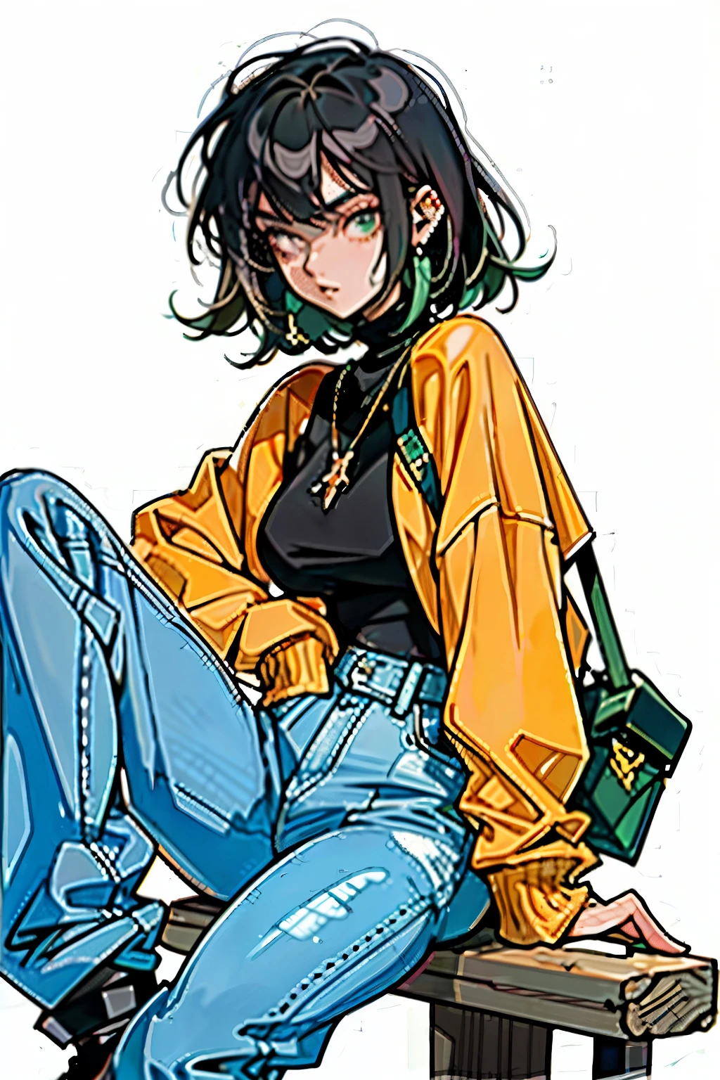 (masterpiece: 1.2, best quality), 1lady, solo, big tits Dark skinny jeans, oversized sweater, ankle boots, sharp focus, Loose waves, central part Simple hoop earrings, cool, cool, fashionable, rockstar Green Park