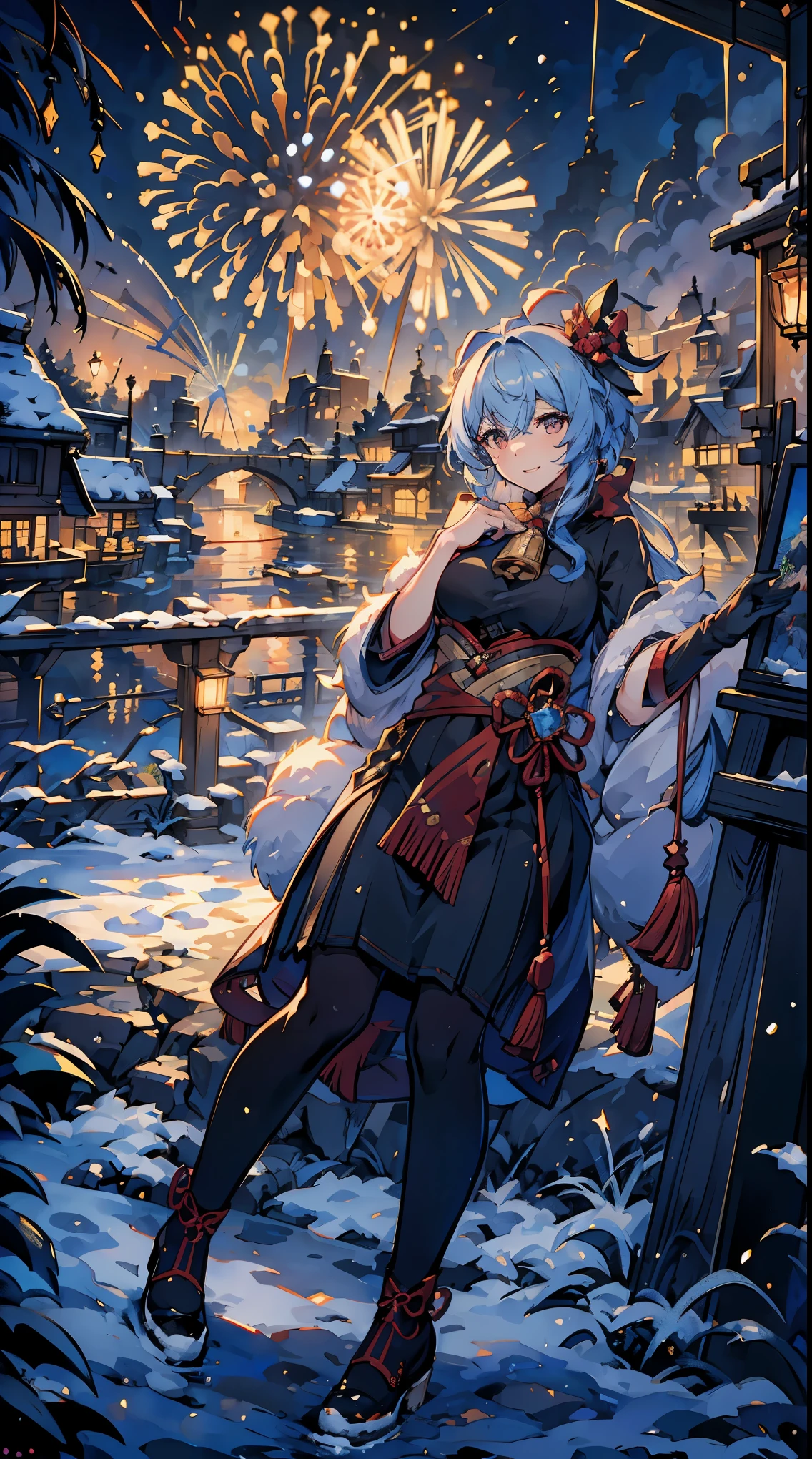 portrait,landscape,painting,figure,hired \(genshin impact\),winter snowflakes are dancing,festival atmosphere,(A grand fireworks display in the night sky),Twinkling fireworks,fascinating colors,romantic atmosphere,amazing architectural design,twinkling stars,(new year celebration),overwhelming feeling of excitement,magic moment,Emotional and artistic composition. highest quality,4K,8K,High resolution,masterpiece:1.2,super detailed,realistic:1.37,