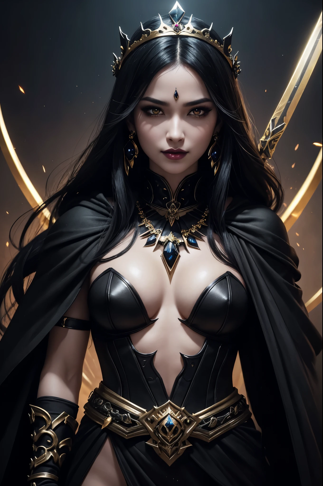8K,very small breasts,long black hair,Close-up of a woman wearing a black evil god costume holding a one-handed sword, beautiful fantasy empress, ((beautiful fantasy empress)), small breasted , very high detail, extremely detailed , up to the model | types of bacteria, trending on cgstation, Chenwei Pan On Art Station, luxurious black cloak,Super high resolution,super realistic skin,beautiful expression,fantasy art,laughter(Like the real thing),small breasted ,straight hair,golden eyes,black gemstone earrings,black gemstone necklace,luxury black gauntlets,black lipstick,black eyeshadow,evil god makeup,battle scene,action scene,fighting pose,
