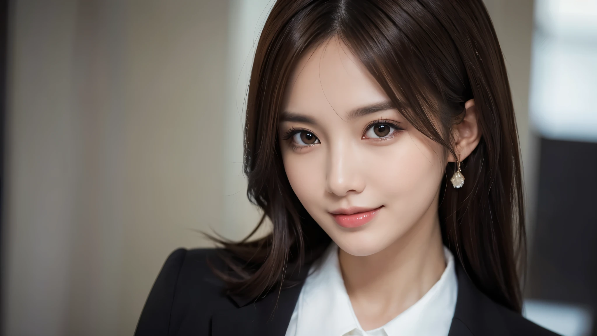 masutepiece, Best Quality, Photorealistic, Ultra-detailed, finely detail, High resolution, 8K Wallpaper, 1 beautiful woman, light brown messy hair, in a business suit, foco nítido, Perfect dynamic composition, Beautiful detailed eyes, detailed hairs, Detailed realistic skin texture, Smiling, Close-up portrait, Model body type