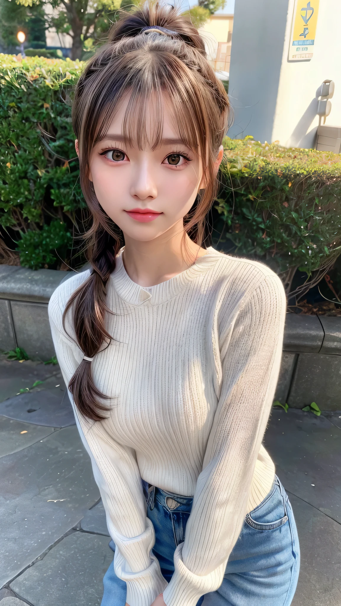 blush,14 years old,small breasts,winter,long hair ponytail,winter,wearing a white long-sleeved knit sweater,wearing jeans,enjoying the date,amusement park,close up of face,((8K, Raw photo, best quality, muste piece:1.2), (Reality, photorealistic:1.4), (Highly detailed 8K wallpaper), Depth of bounds written, cinematic lighting, soft light, detailed beauty eye,Shiny and smooth light brown ponytail, asymmetrical bangs, shiny skin, super detailed skin ,high resolution, high detail, detailed hairstyle, detailed beauty face, hyper real, perfect limbs, perfect anatomy ,1 Japanese girl,famous japanese idol, perfect female body,shy smile,short eyelashes,double-edged eyelids,look straight here,Hair style is ponytail,
