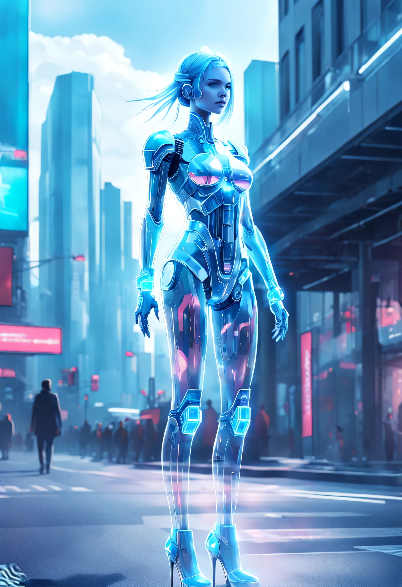 Mecha Girl，Futuristischer urbaner Hintergrund，Komplexe Illustrationen im surrealistischen Kunststil，Surreal dreams，Inkognito als virtuelle Hologramm-Person，Transparente Menschen，Virtuelle holografische digitale Bilder