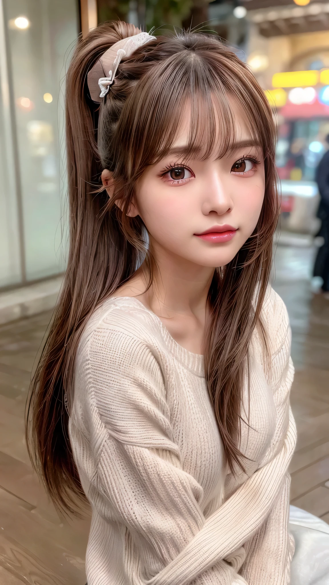 blush,14 years old,small breasts,winter,long hair ponytail,winter,wearing a white long-sleeved knit sweater,wearing jeans,enjoying the date,amusement park,close up of face,((8K, Raw photo, best quality, muste piece:1.2), (Reality, photorealistic:1.4), (Highly detailed 8K wallpaper), Depth of bounds written, cinematic lighting, soft light, detailed beauty eye,Shiny and smooth light brown ponytail, asymmetrical bangs, shiny skin, super detailed skin ,high resolution, high detail, detailed hairstyle, detailed beauty face, hyper real, perfect limbs, perfect ??????? ,1 Japanese girl,famous japanese idol, perfect female body,shy smile,short eyelashes,double-edged eyelids,look straight here,Hair style is ponytail,