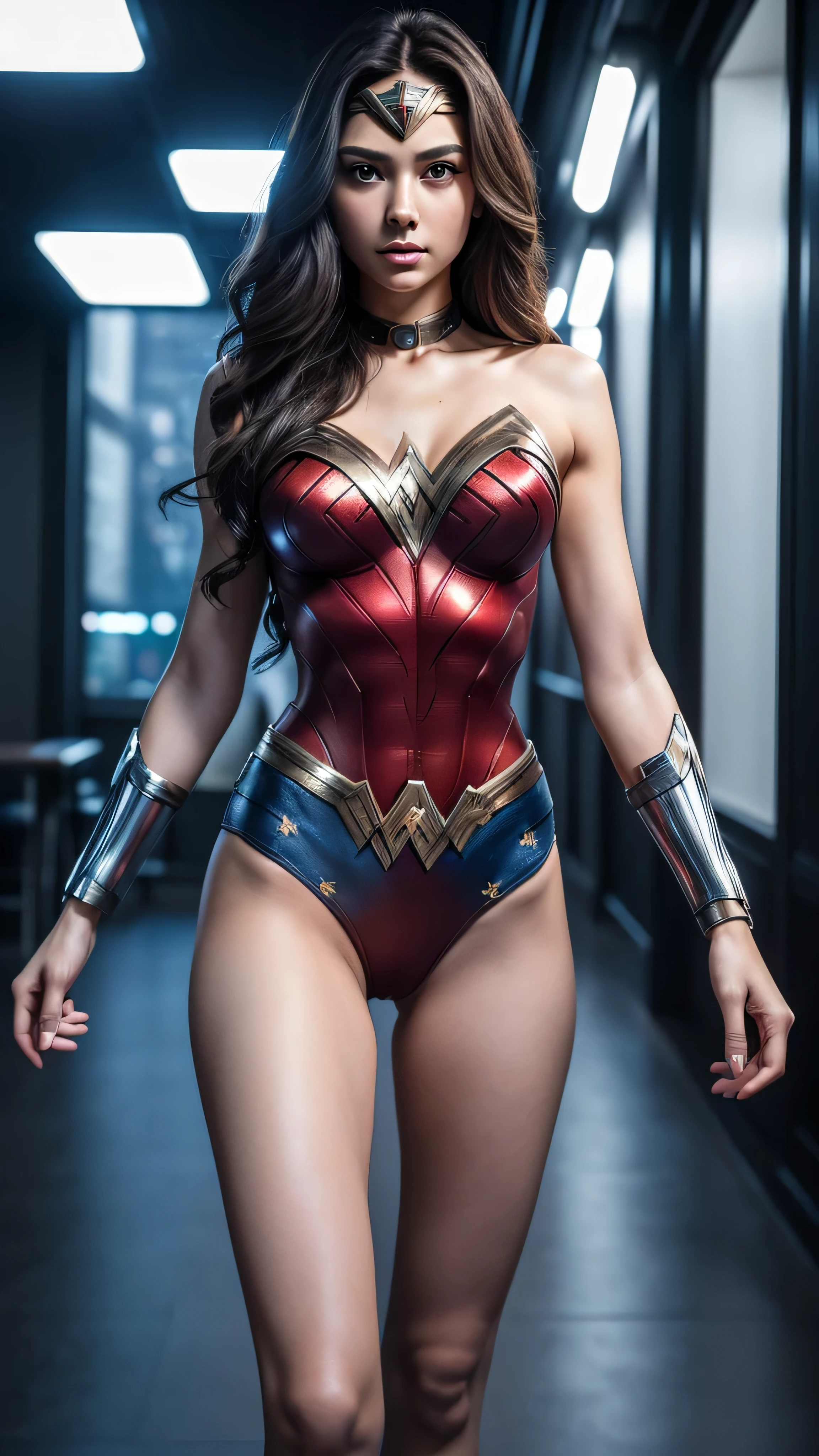 ((masterpiece, 8K, 3D, Realistic, Super Detail)), (1girl:1.3), slender , Ultra Micro photography, Super realistic, Perfect face, Beautiful features, ((Perfect female body)) Beautiful features, ( body), ((small hips)), Tzuyu-Twice  as Wonder woman suit ((Exposed thigh)), Exposed Skin, Front Full body Shot, full body portrait, futuristic city background
