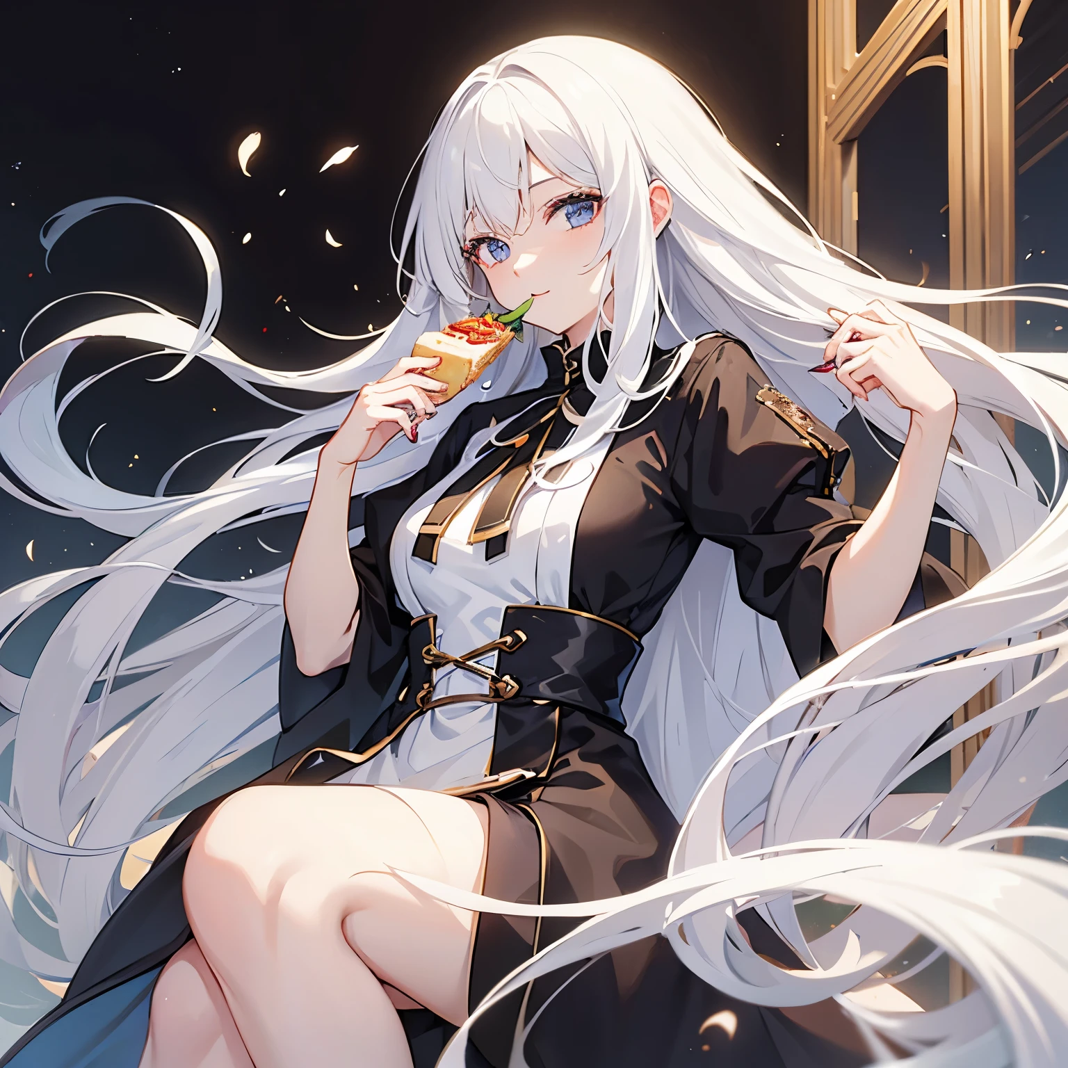 woman with long, straight, h-colored hair
white who is enjoying food