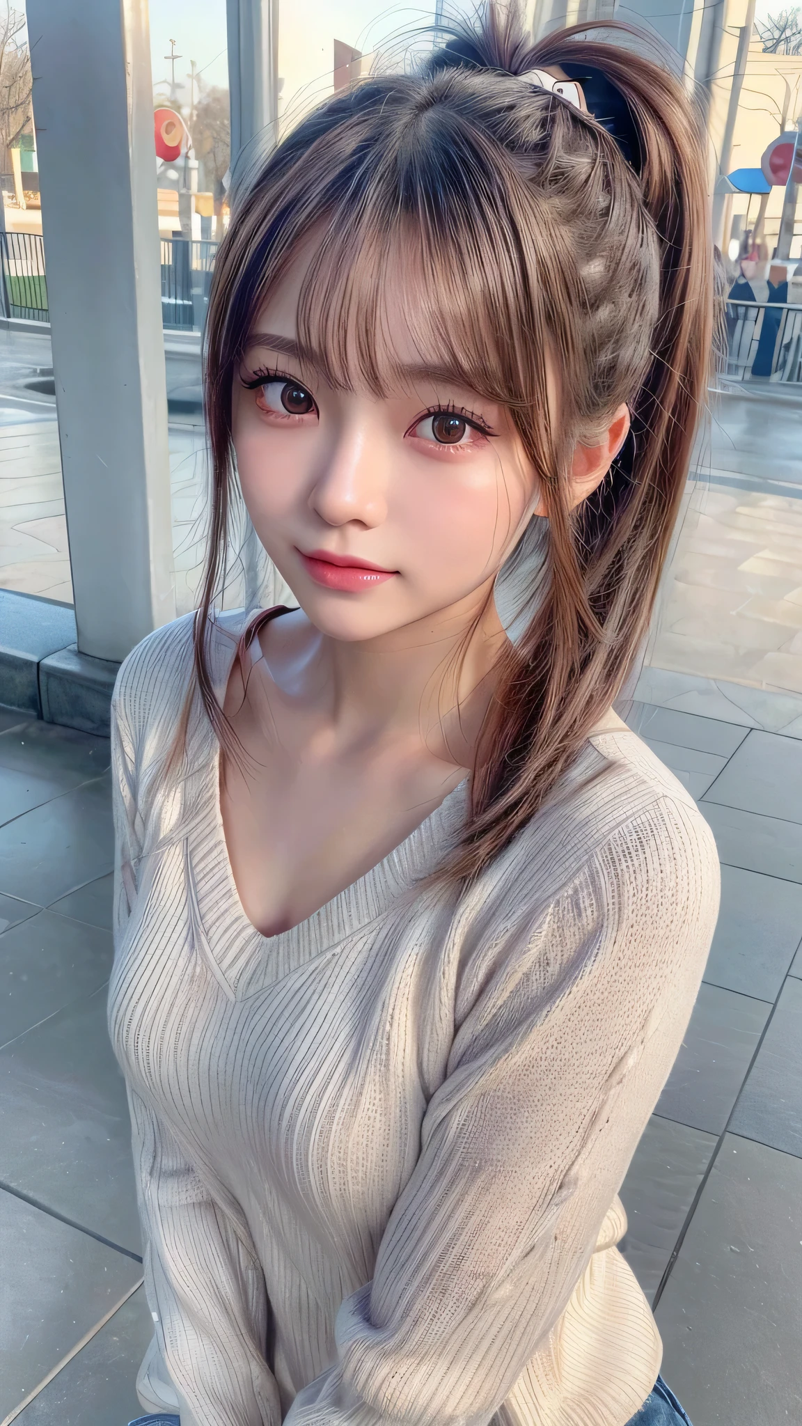 blush,,small breasts,winter,long hair ponytail,winter,wearing a white long-sleeved knit sweater,wearing jeans,enjoying the date,amusement park,close up of face,((8K, Raw photo, best quality, muste piece:1.2), (Reality, photorealistic:1.4), (Highly detailed 8K wallpaper), Depth of bounds written, cinematic lighting, soft light, detailed beauty eye,Shiny and smooth light brown ponytail, asymmetrical bangs, shiny skin, super detailed skin ,high resolution, high detail, detailed hairstyle, detailed beauty face, hyper real, perfect limbs, perfect anatomy ,1 Japanese girl,famous japanese idol, perfect female body,shy smile,short eyelashes,double-edged eyelids,look straight here,Hair style is ponytail,