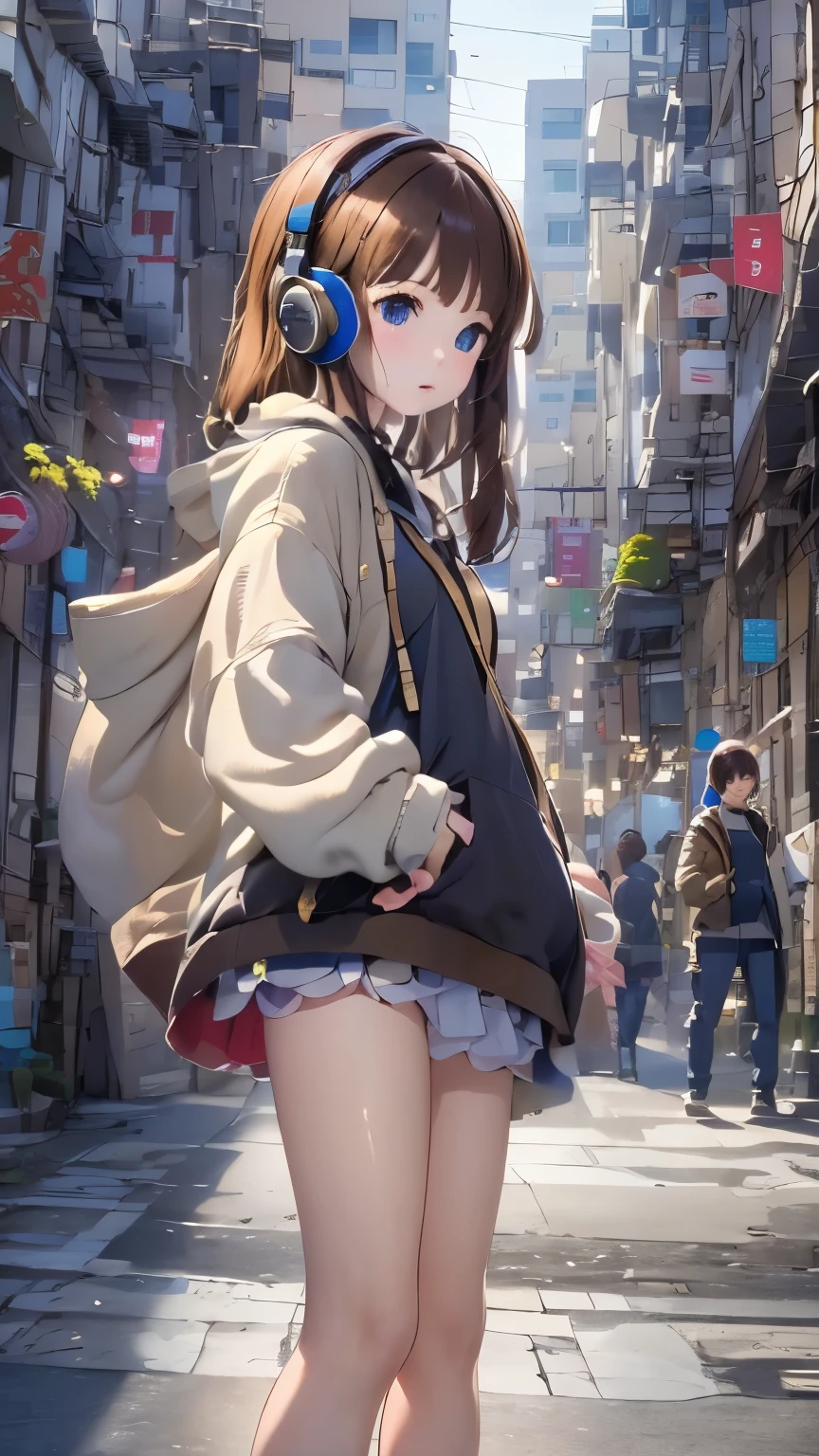 sonyのheadphoneを着用している:1.5、headphone、one girl、Magical girl、perfect anatomy、small face、plump lips、brown hair、distinctive hairstyle、look of suspicion、Modern hoodies、knee socks、(((blurred background、street corner、Everyday scenery)))、highest quality、High resolution、High resolution、cinematic lighting、professional photographer