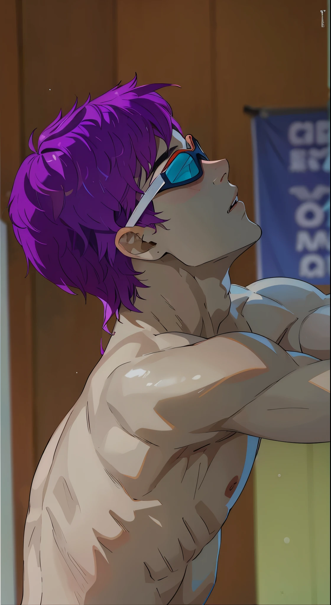 young man, 17 years old, athletic body, violet hair, swimming goggles, shirtless