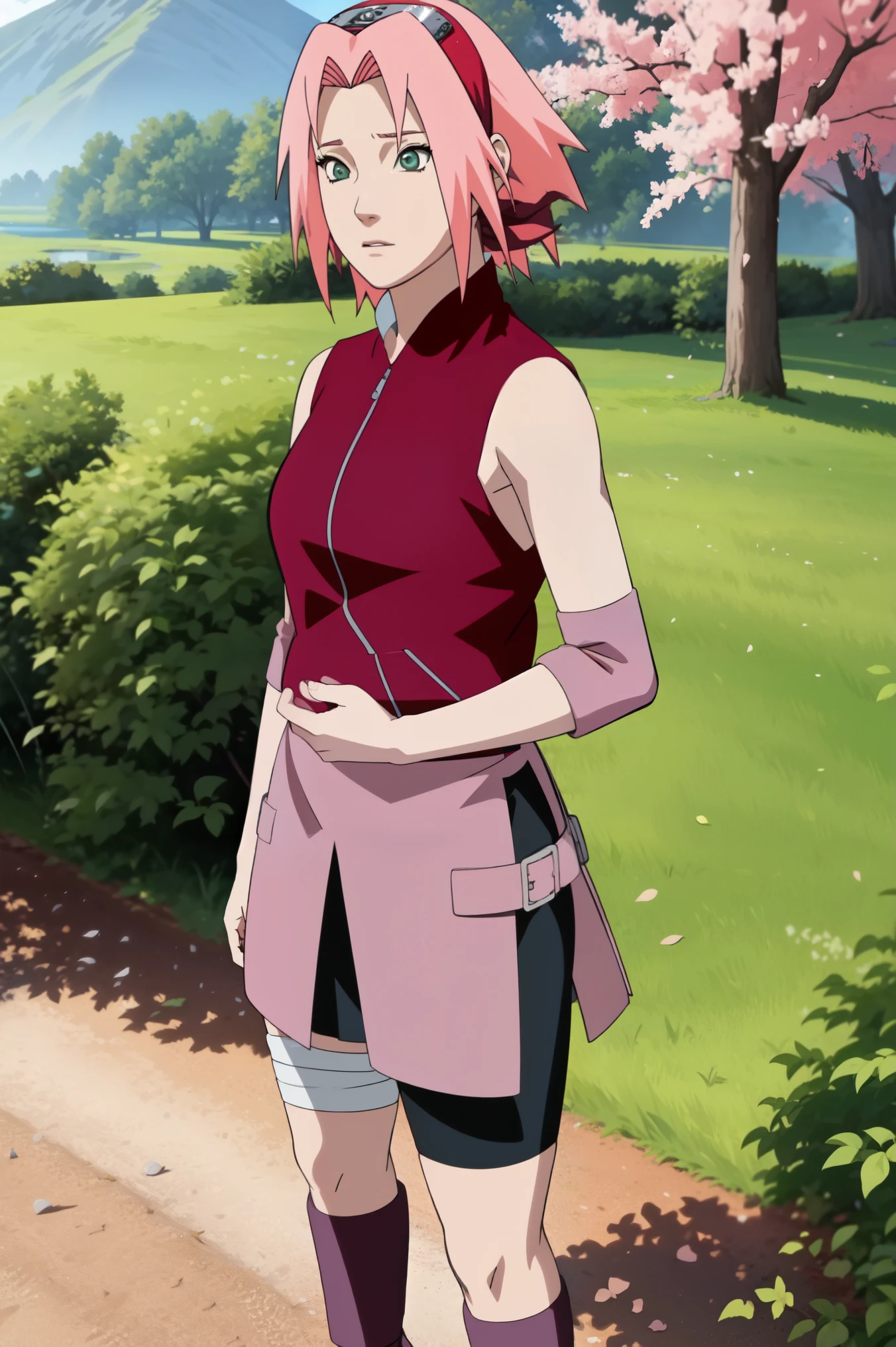 High-quality, ultra-detailed, realistic artwork of a scene from "Sakura Shippuden" with vivid colors, perfect for 4K or 8K resolutions. The scene depicts Sakura Haruno, a young woman, standing gracefully in a garden surrounded by blooming sakura (cherry blossom) trees. She is wearing a red jacket embroidered with the symbol of Konohagakure, the Hidden Leaf Village. Her leg is bandaged, indicating a recent injury. Sakura is wearing a short skirt and toeless footwear, emphasizing her femininity and agility.

Sakura has shoulder-length bangs that softly frame her face, revealing her beautiful, green eyes. Her face is adorned with a forehead protector, which bears the Konohagakure symbol, signifying her allegiance to her village. The artwork showcases Sakura's attention to detail, including her long eyelashes, detailed lips, and delicate features, capturing her determination and inner strength.

The lighting in the scene is soft and warm, casting a gentle glow on the petals of the sakura blossoms. The vibrant colors of the cherry blossoms contrast against Sakura's black short sleeves and gloves, adding depth to the composition. The overall color scheme leans towards pastel tones, enhancing the serene and tranquil atmosphere of the garden.

This masterpiece artwork aims to capture the essence of Sakura Haruno's character, portraying her as a confident, skilled kunoichi amidst the delicate beauty of the sakura garden. The attention to detail, vibrant colors, and realistic rendering will bring this scene to life, evoking the spirit of "Sakura Shippuden" in a visually stunning manner.