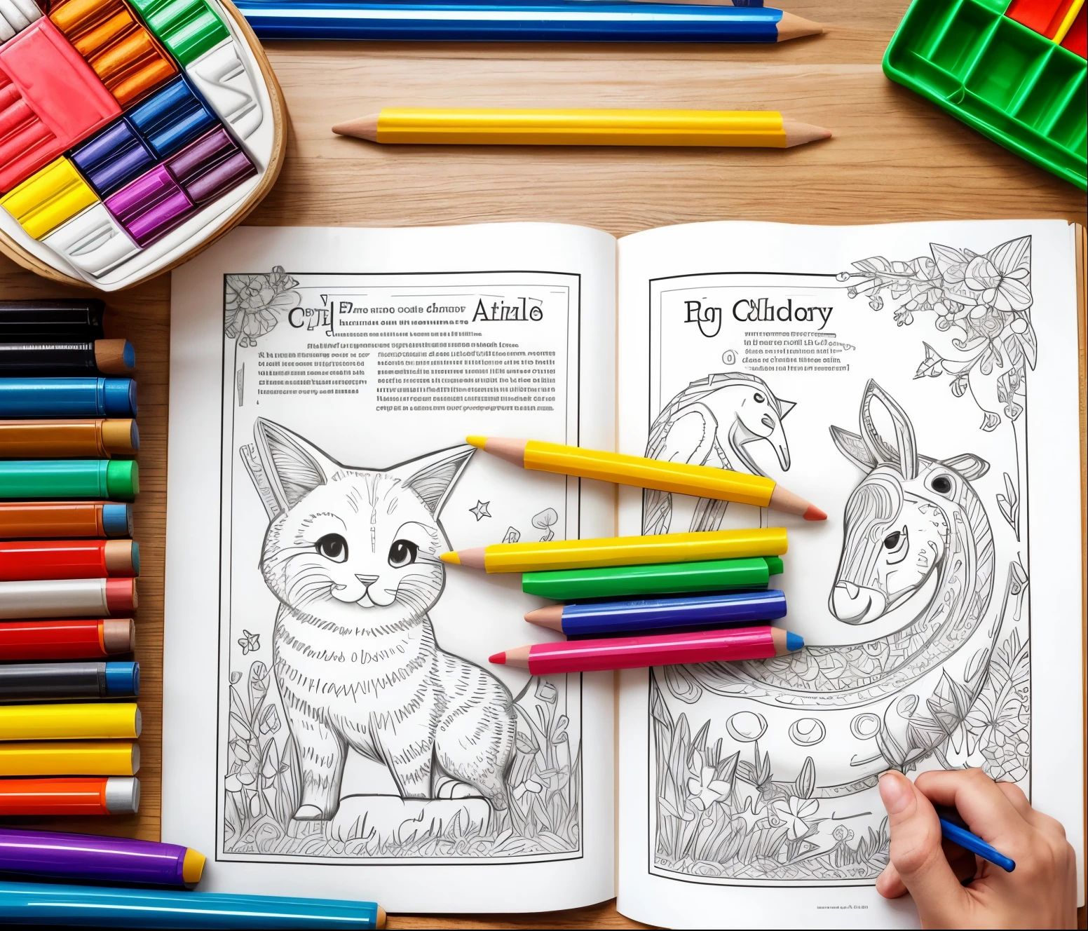 Generate a captivating image for a children's coloring book cover featuring animals from A to Z. The image should depict a lively scene where each letter of the alphabet corresponds to an animal, with each animal engaging in a fun activity or interacting with the letters. Ensure that the animals are easily recognizable and appealing to children, with bold outlines and clear details for coloring. Consider incorporating vibrant colors and playful elements to engage young readers. The overall image should be colorful, cheerful, and educational, encouraging children to learn about animals while having fun coloring