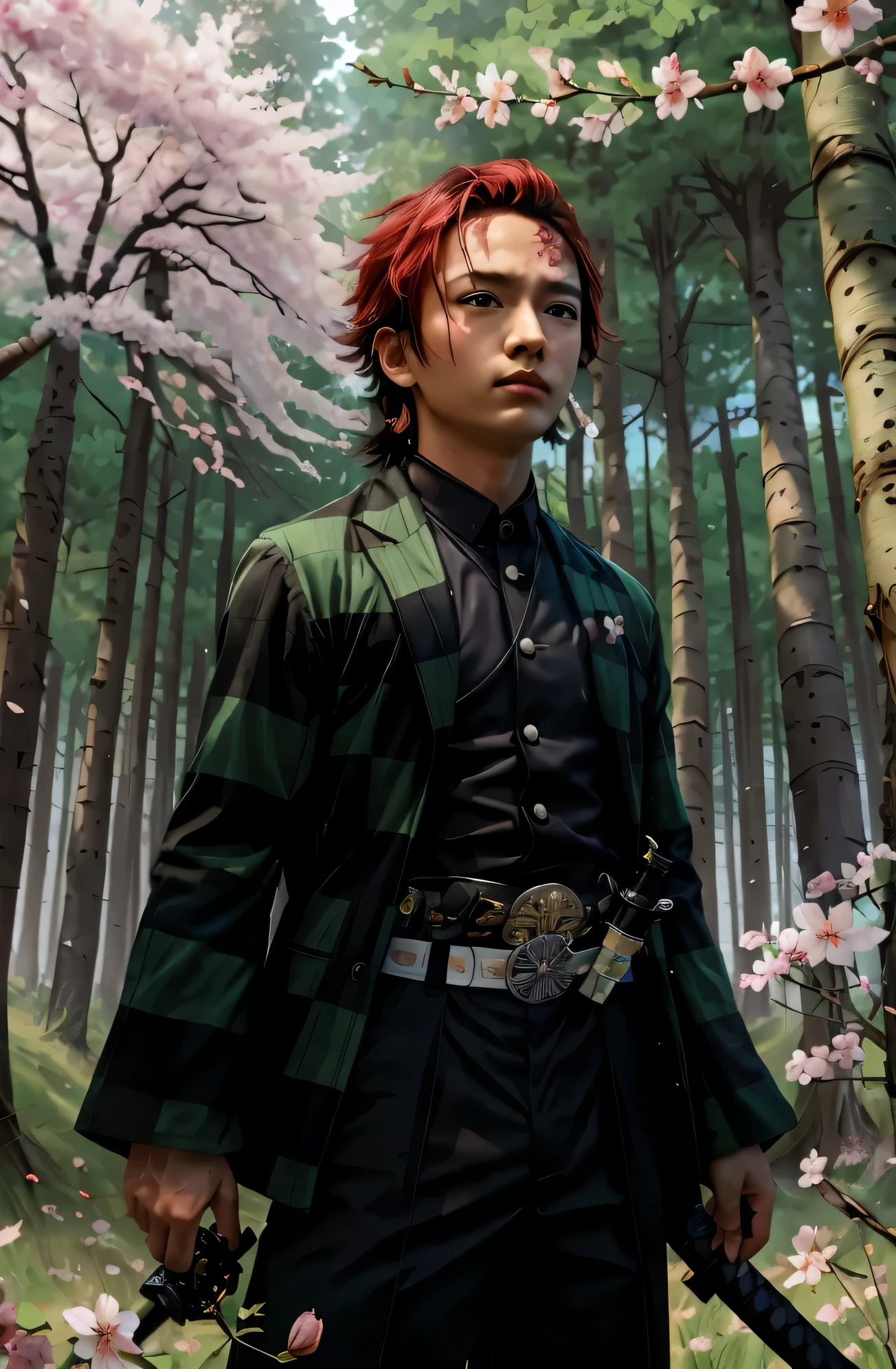 boy with a sword, red hair green and red check clothes, samurai style, realistic