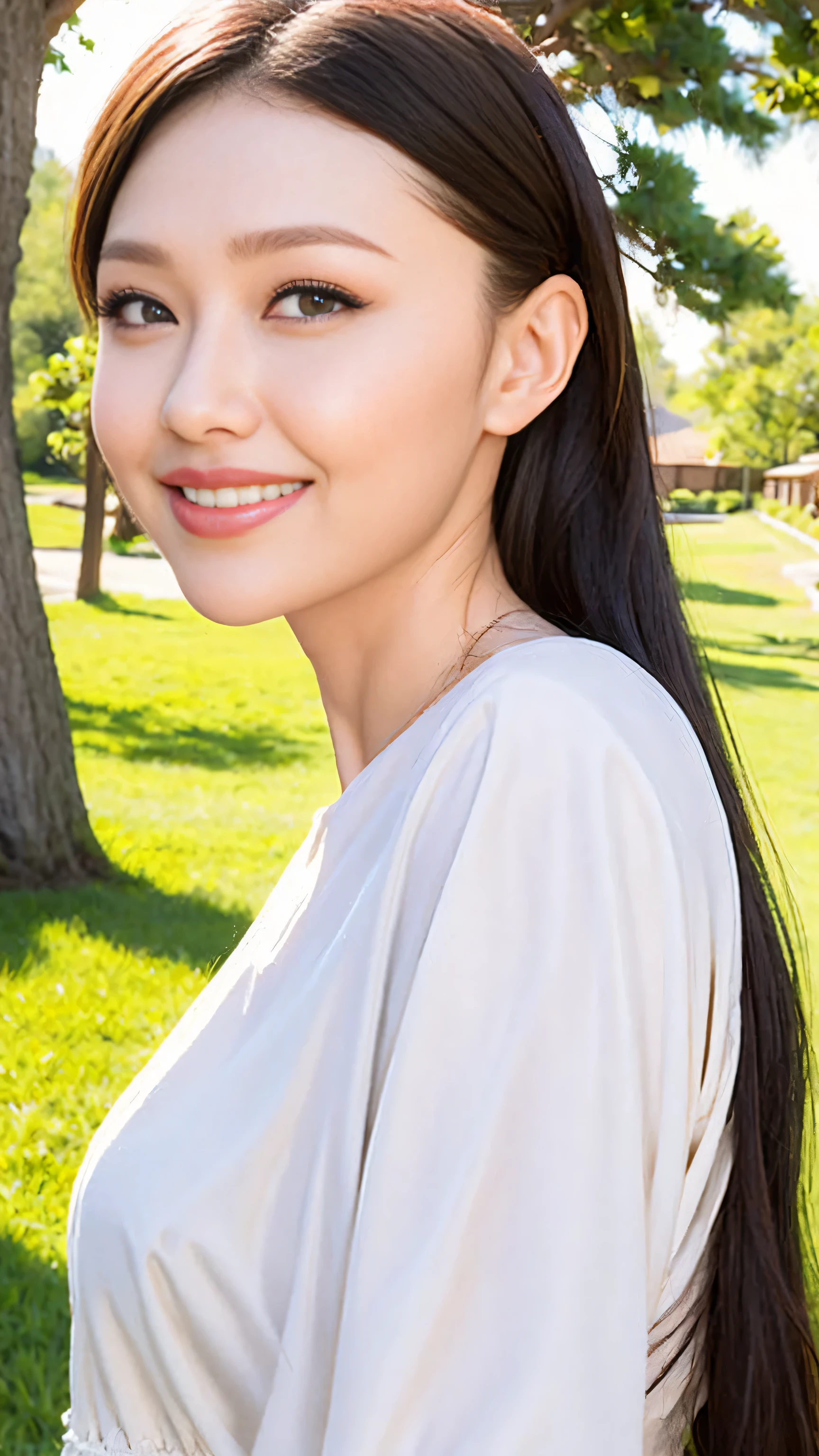 Fashion model 20 years old [[[[close up]]]], [[[[neck]]]], [[[[Shoulder]]]], perfect eyes, perfect iris，perfect lips，perfect teeth，perfect skin，White skin，Soft headlight，High density imaging review，long black hair，（Face is clear and delicate），White casual wear，The background is outdoor，green trees and grass，best quality，masterpiece，（pastel colors：1.2）