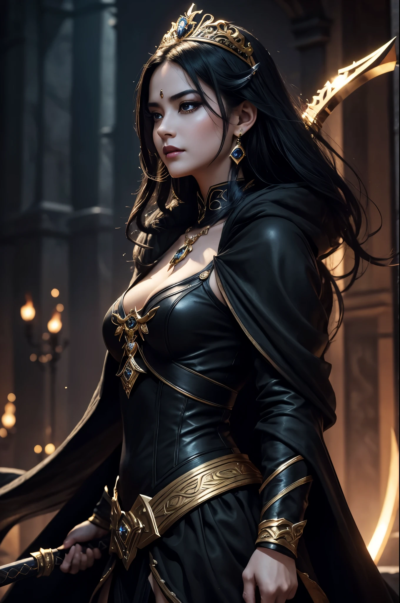 8K,very small breasts,long black hair,Close-up of a woman wearing a black evil god costume holding a one-handed sword, beautiful fantasy empress, ((beautiful fantasy empress)), small breasted , very high detail, extremely detailed , up to the model | types of bacteria, trending on cgstation, Chenwei Pan On Art Station, luxurious black cloak,Super high resolution,super realistic skin,beautiful expression,fantasy art,laughter(Like the real thing),small breasted ,straight hair,golden eyes,black gemstone earrings,black gemstone necklace,luxury black gauntlets,black lipstick,black eyeshadow,evil god makeup,