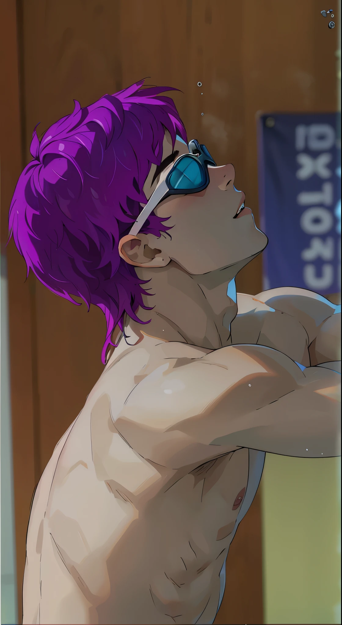 young man, 17 years old, athletic body, violet hair, swimming goggles, shirtless