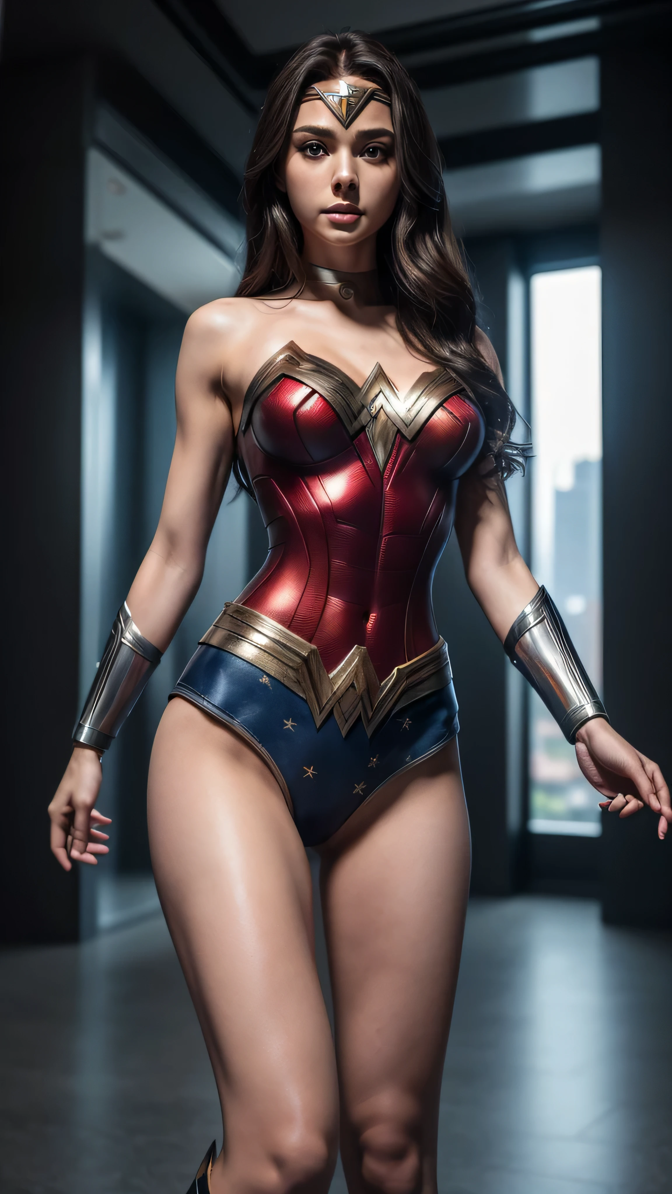 ((masterpiece, 8K, 3D, Realistic, Super Detail)), (1girl:1.3), slender 17 age, Ultra Micro photography, Super realistic, Perfect face, Beautiful features, ((Perfect female body)) Beautiful features, ( body), ((small hips)), Tzuyu-Twice  as Wonder woman suit ((Exposed thigh)), Exposed Skin, Front Full body Shot, full body portrait, futuristic city background

