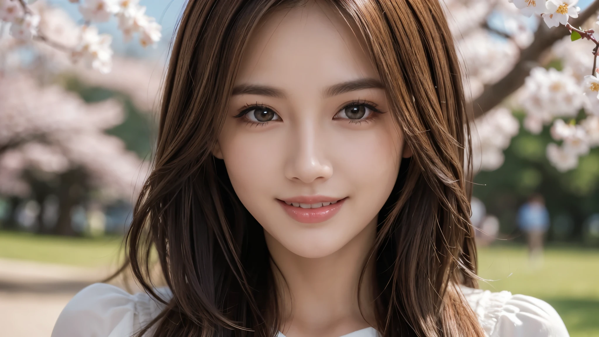masterpiece, Best Quality, Photorealistic, Ultra-detailed, finely detailed, High resolution, 8K Wallpaper, 1 beautiful woman, light brown messy hair, foco nítido, Perfect dynamic composition, Beautiful detailed eyes, detailed hairs, Detailed realistic skin texture, Smiling, Close-up portrait, Model body type, Take a walk in the park with cherry blossoms,