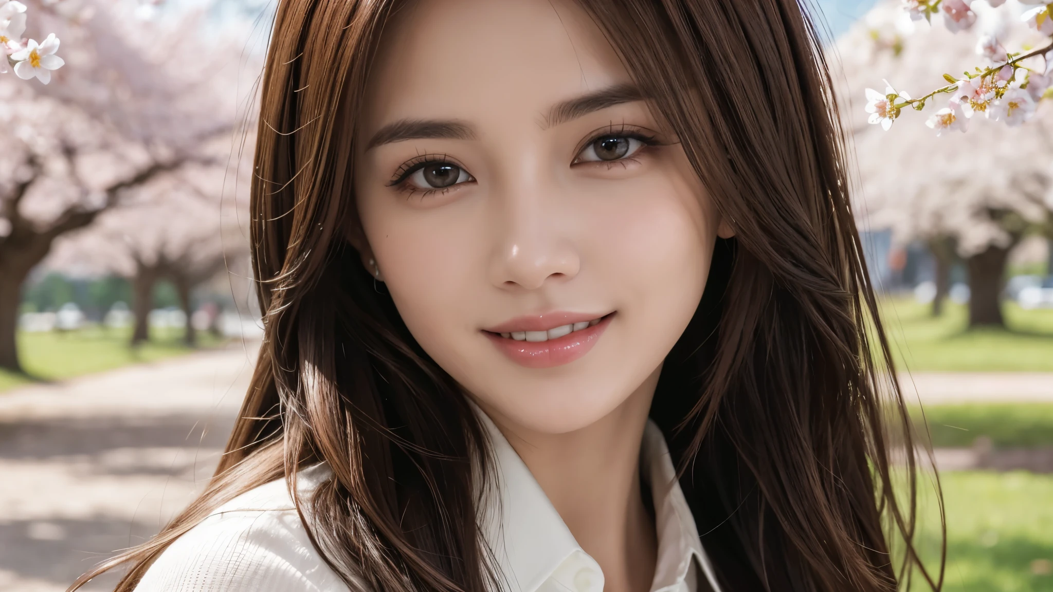 masterpiece, Best Quality, Photorealistic, Ultra-detailed, finely detailed, High resolution, 8K Wallpaper, 1 beautiful woman, light brown messy hair, foco nítido, Perfect dynamic composition, Beautiful detailed eyes, detailed hairs, Detailed realistic skin texture, Smiling, Close-up portrait, Model body type, Take a walk in the park with cherry blossoms,