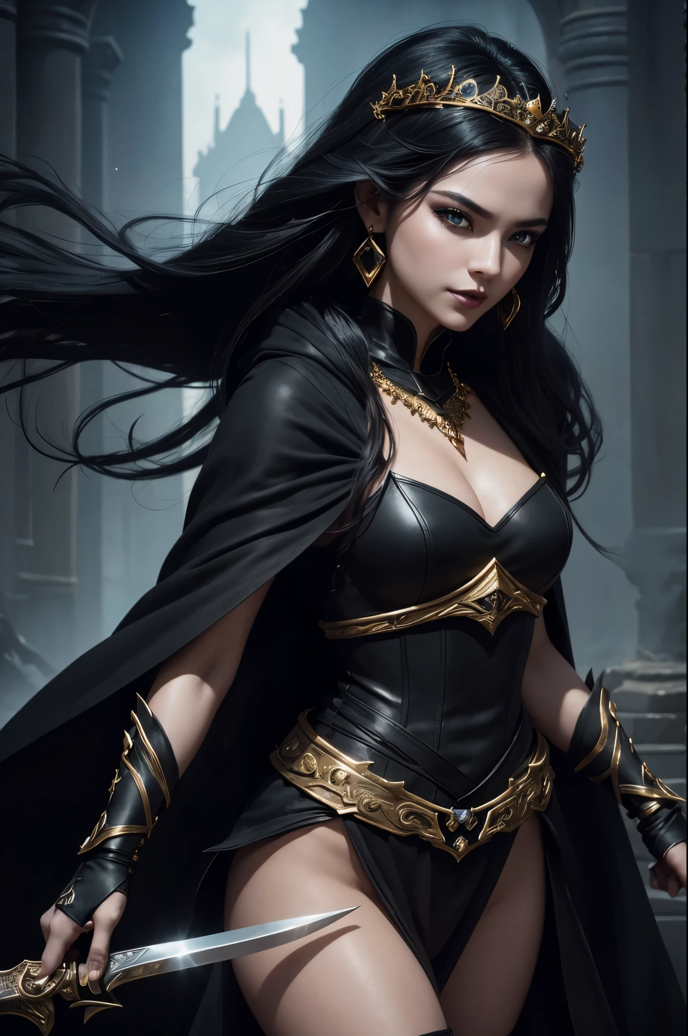 8K,very small breasts,long black hair,Close-up of a woman wearing a black evil god costume holding a one-handed sword, beautiful fantasy empress, ((beautiful fantasy empress)), small breasted , very high detail, extremely detailed , up to the model | types of bacteria, trending on cgstation, Chenwei Pan On Art Station, luxurious black cloak,Super high resolution,super realistic skin,beautiful expression,fantasy art,laughter(Like the real thing),small breasted ,straight hair,golden eyes,black gemstone earrings,black gemstone necklace,luxury black gauntlets,black lipstick,black eyeshadow,evil god makeup,battle scene,action scene,fighting pose,masterpiece,Photorealistic RAW photos of the highest quality。bright colors,rich colors, Backlight, cinematic lighting, film grain, 50mm lens, Nikon D850,beautiful expression,fantasy art,character art,look at the viewer,sexy,